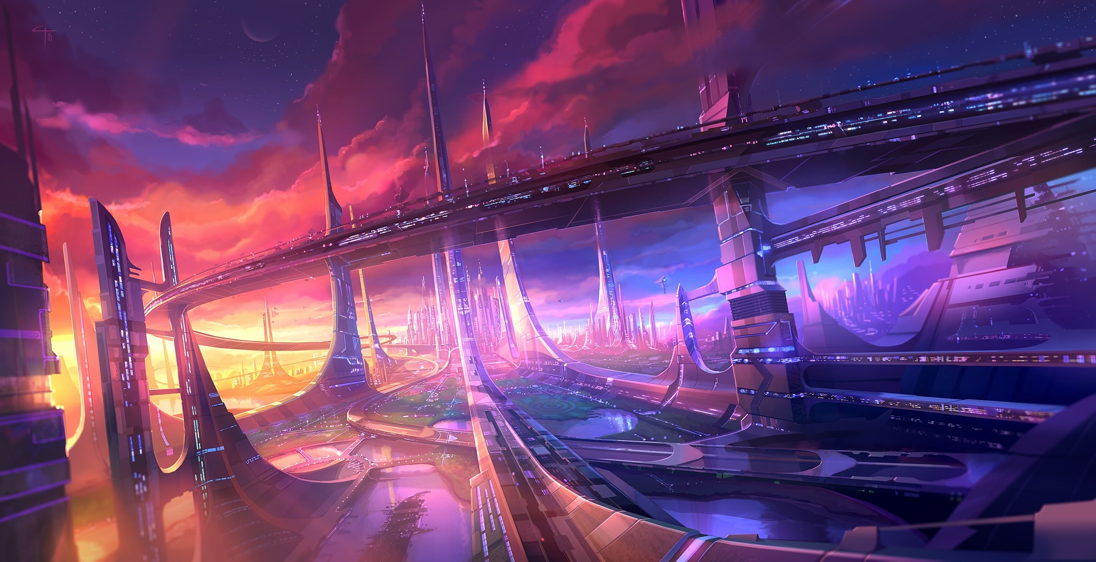 Futuristic cityscape with elevated transport systems at sunset HD Wallpaper