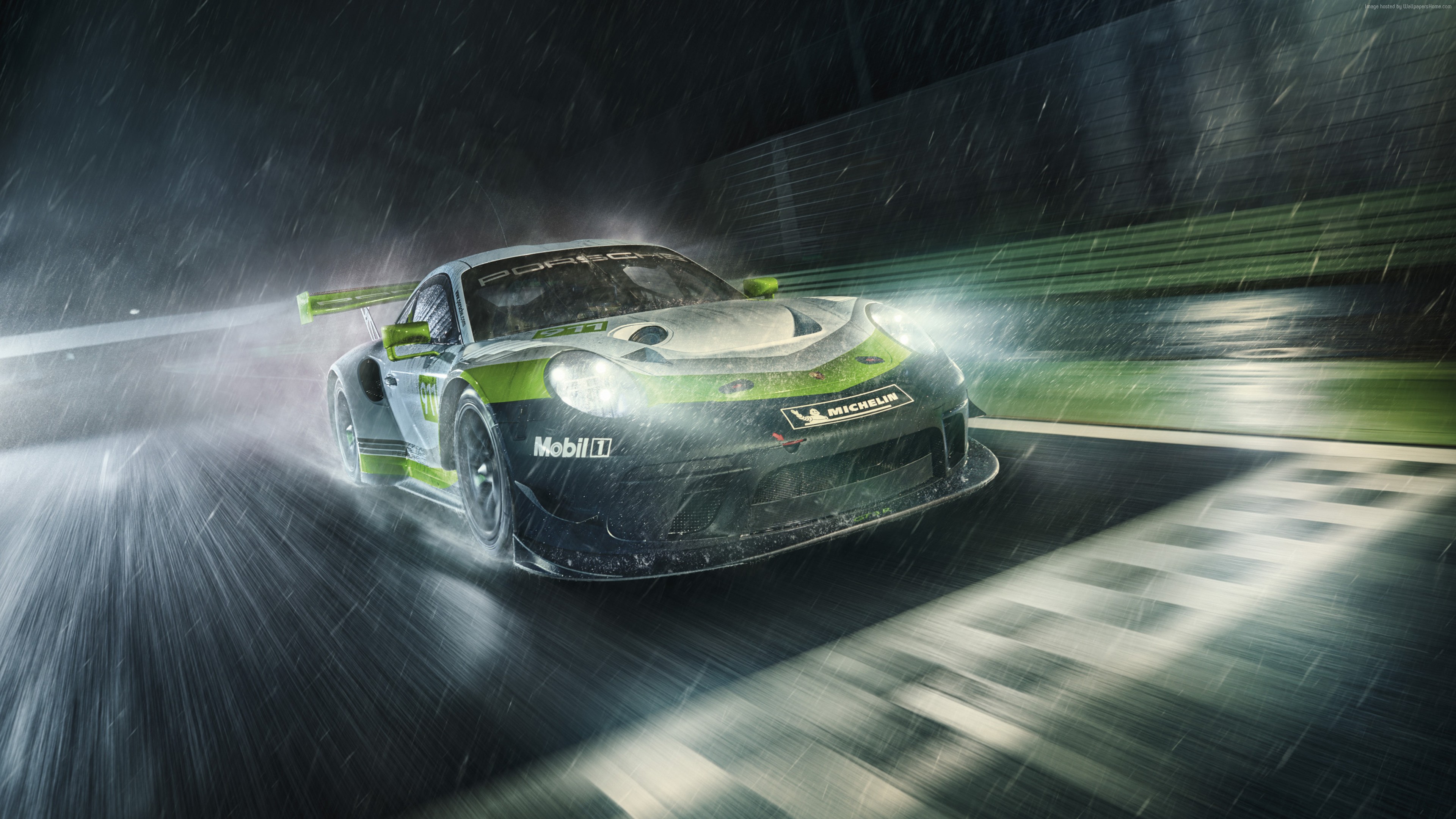 4K Porsche 911 GT3 R racing in the rain HD Wallpaper