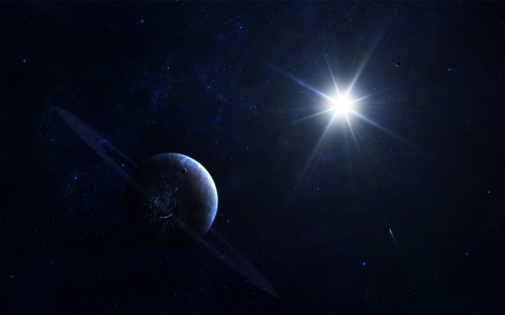 Planet with rings in outer space with a bright star HD Wallpaper