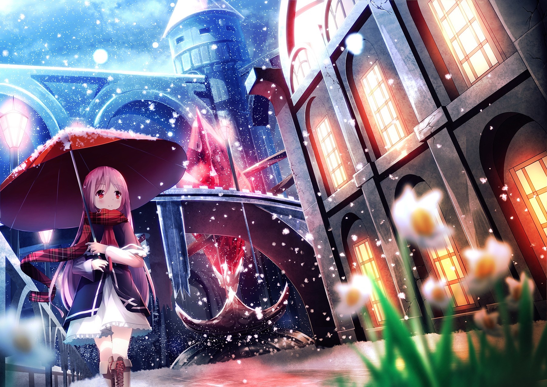 Anime girl with purple hair holding an umbrella in the snow HD Wallpaper