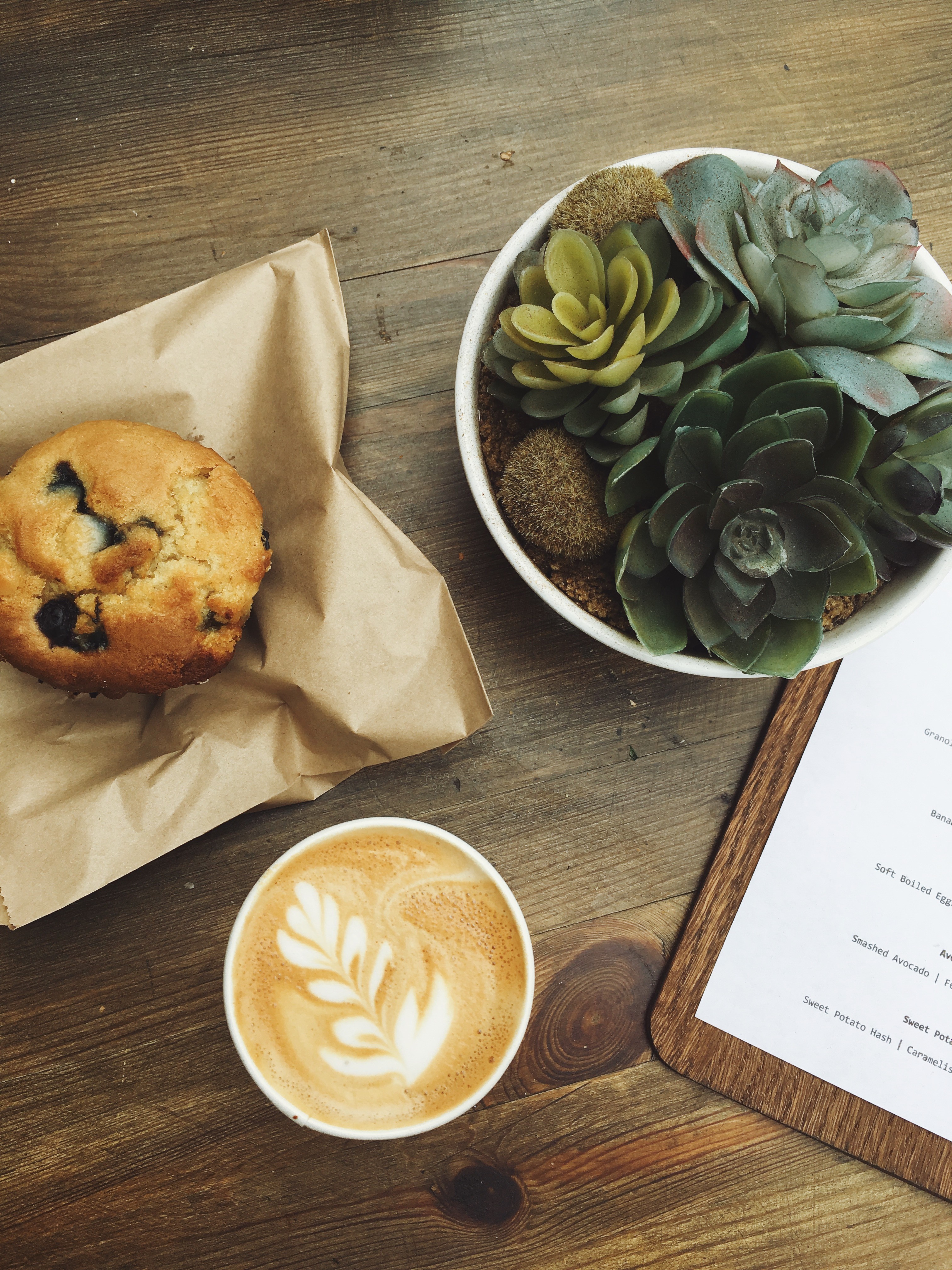 Blueberry muffin and latte with succulents and menu HD Wallpaper