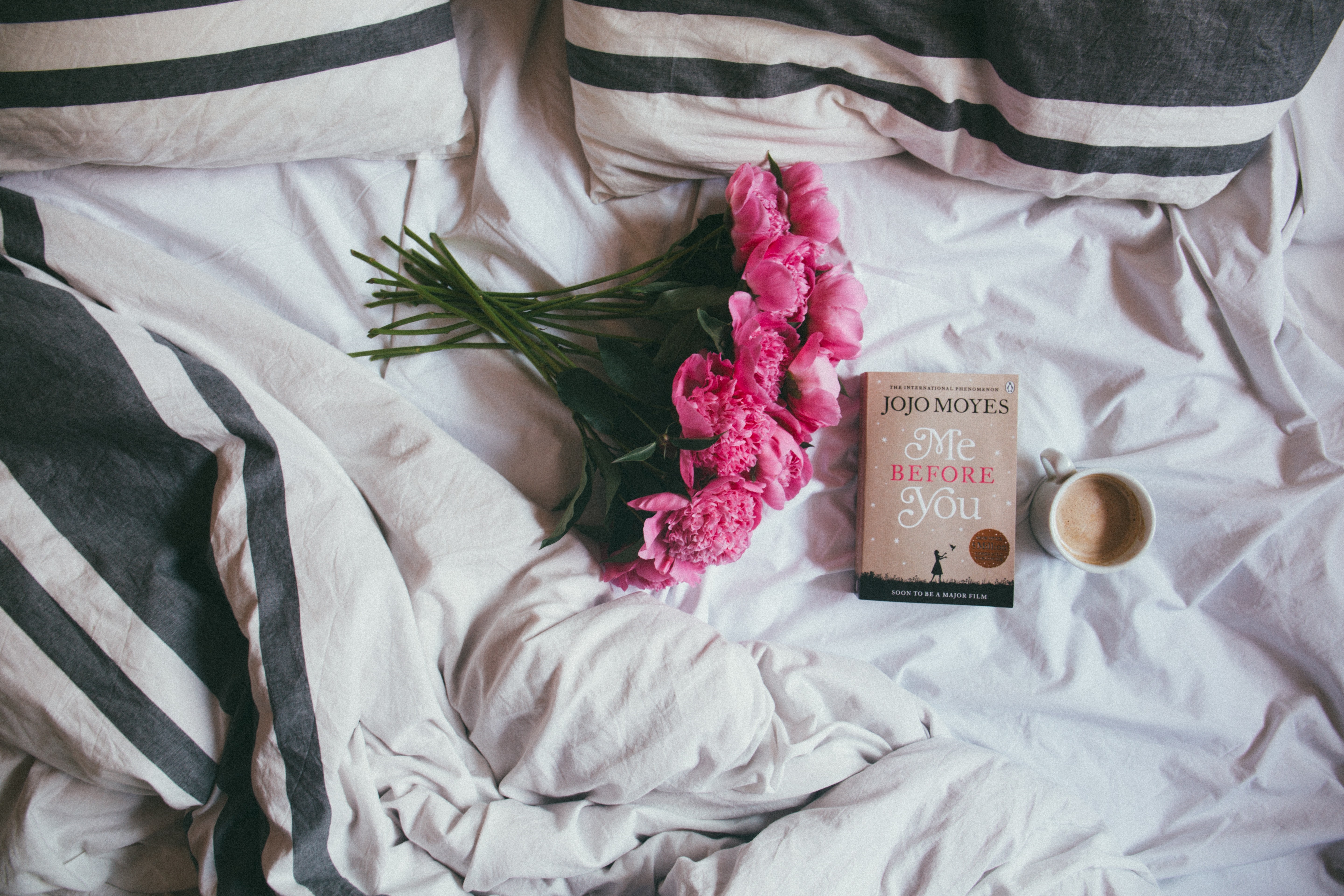 Me Before You book with peonies and coffee HD Wallpaper