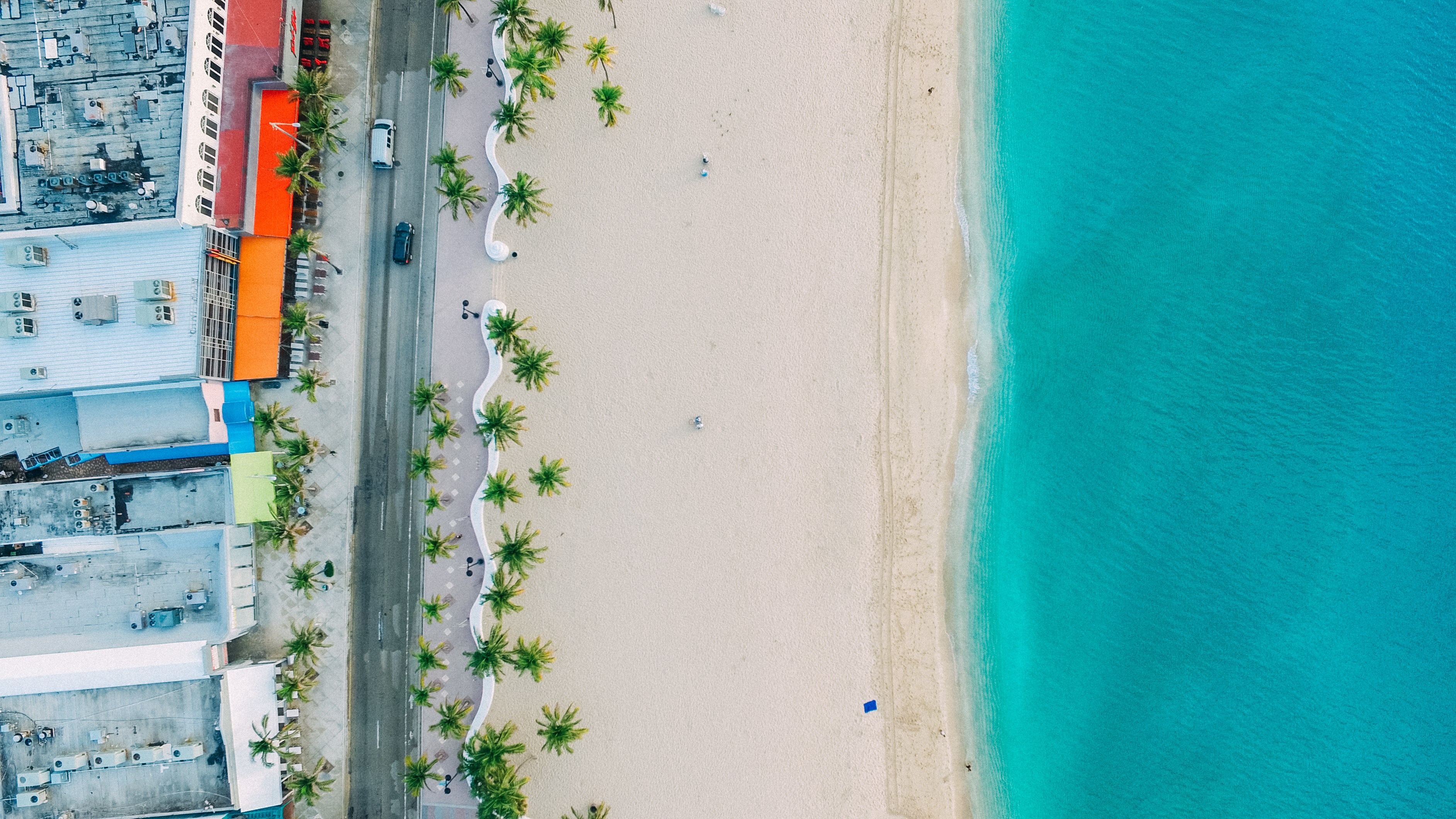 Aerial view of a beach with palm trees and turquoise water HD Wallpaper
