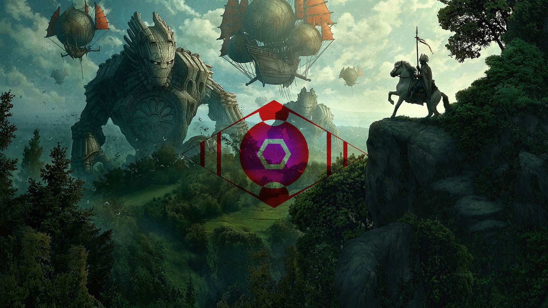 Giant robots and airships in a fantasy landscape HD Wallpaper