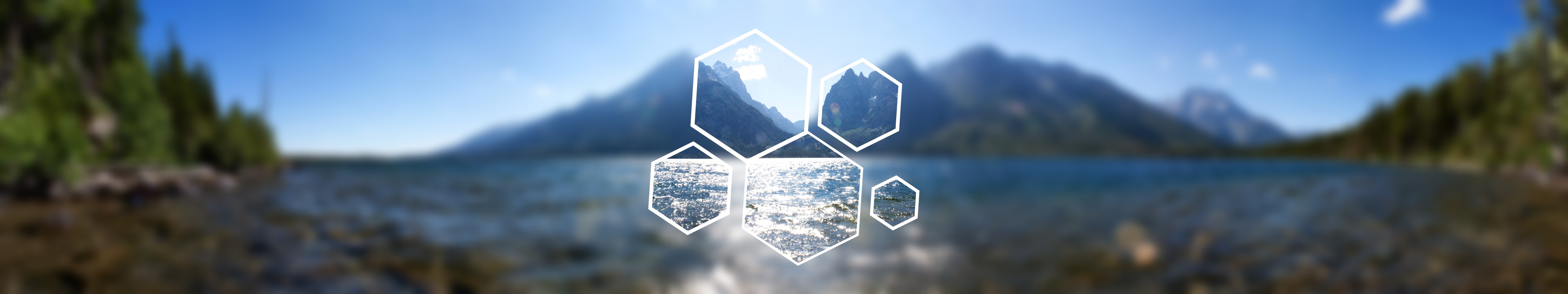 Blurred landscape with mountains, lake, and hexagons HD Wallpaper