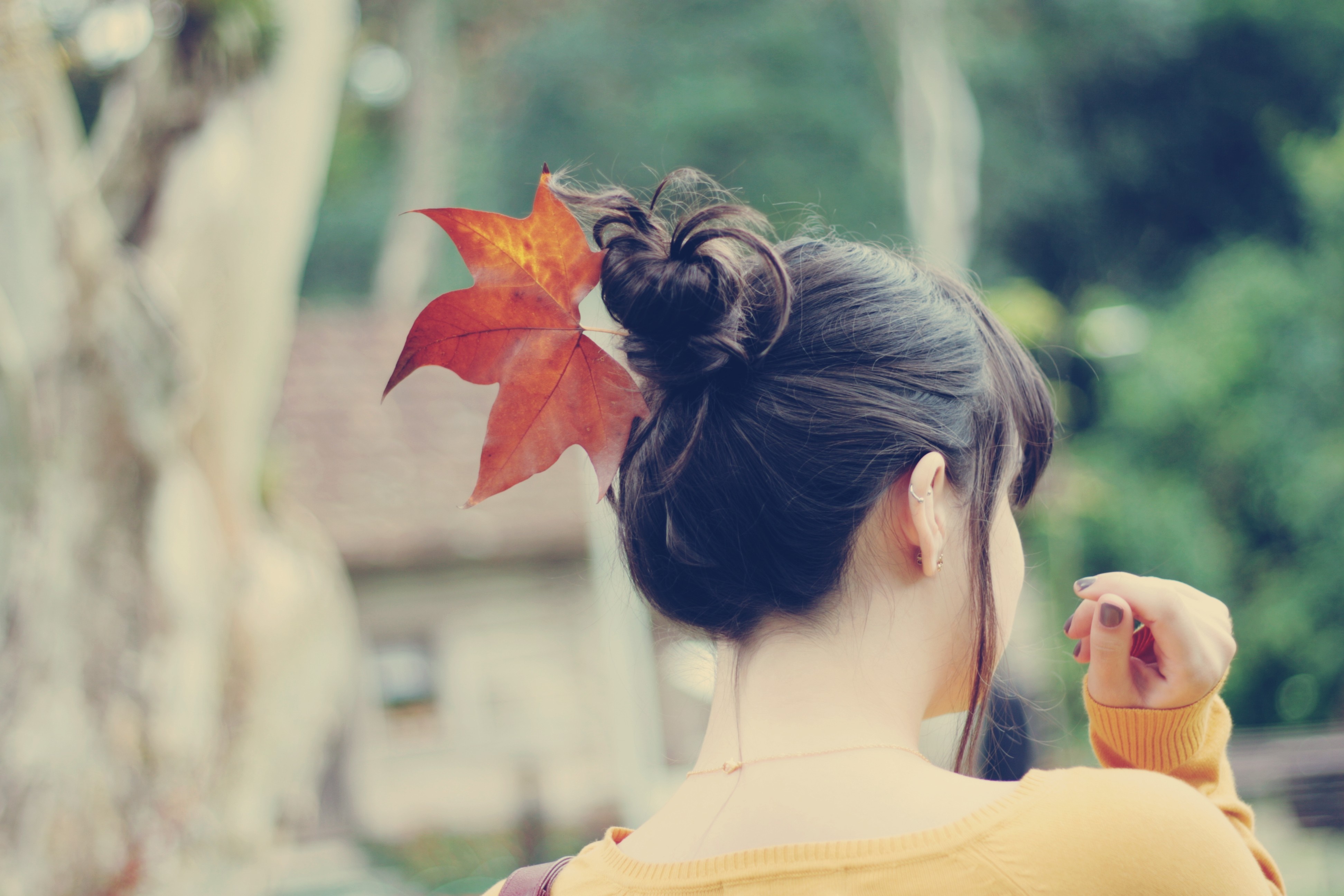 Woman with autumn leaf in her hair HD Wallpaper