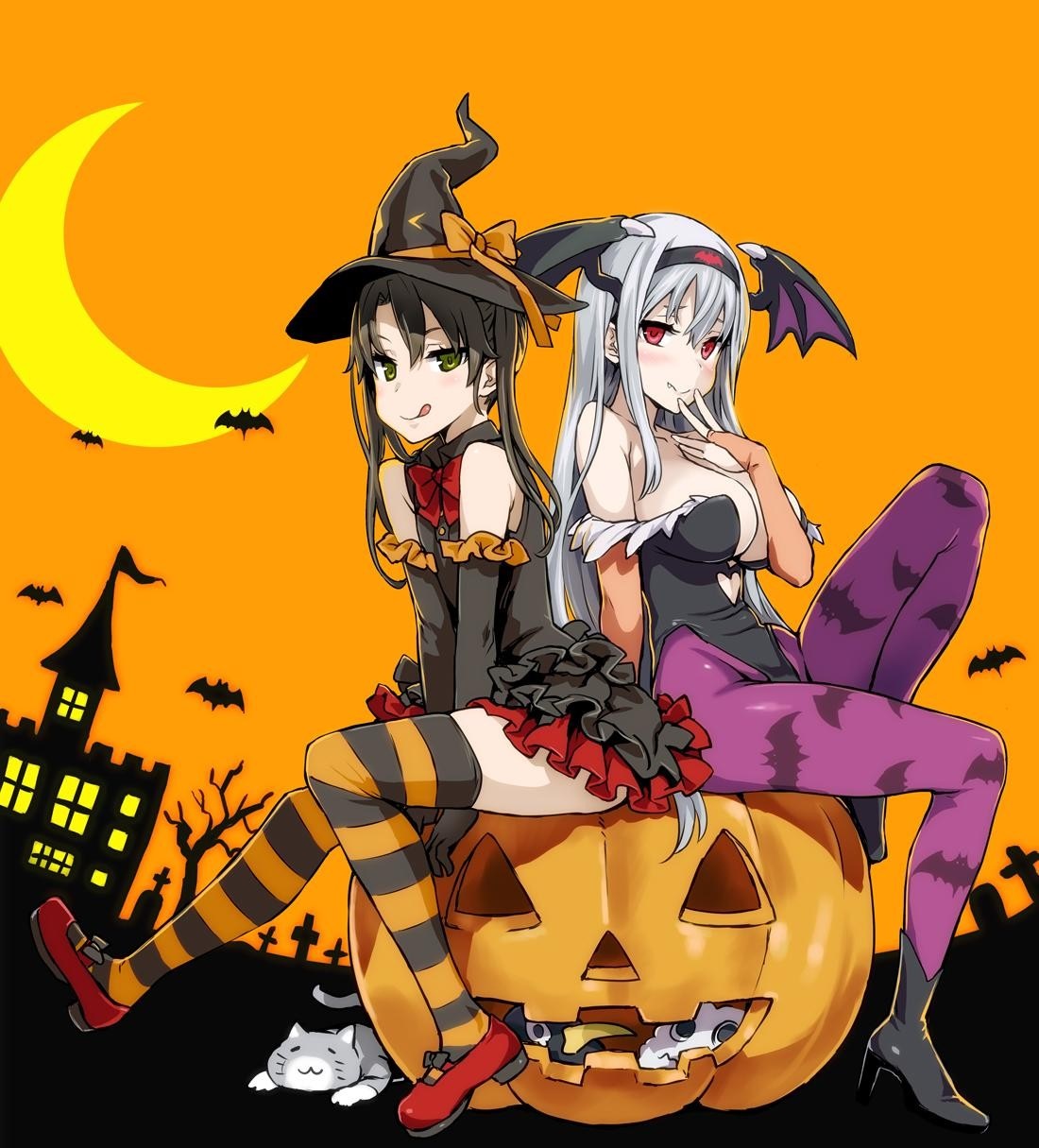 Anime girls in Halloween costumes sitting on a pumpkin HD Wallpaper