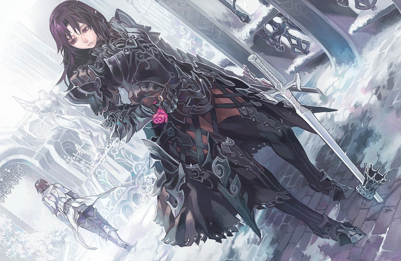 Anime girl in dark armor with a sword HD Wallpaper