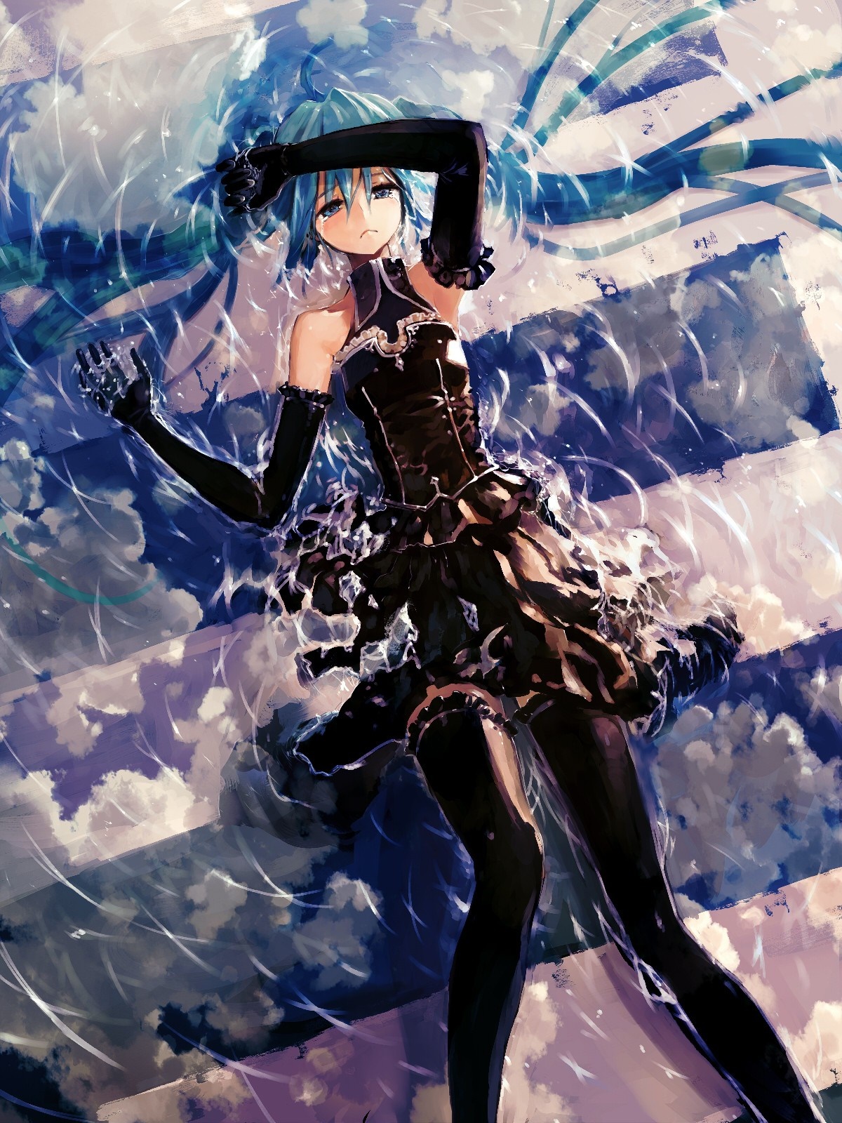 Hatsune Miku in a dark dress floating in water HD Wallpaper