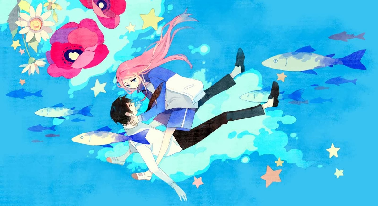 Nino and Kou from Arakawa Under the Bridge underwater HD Wallpaper