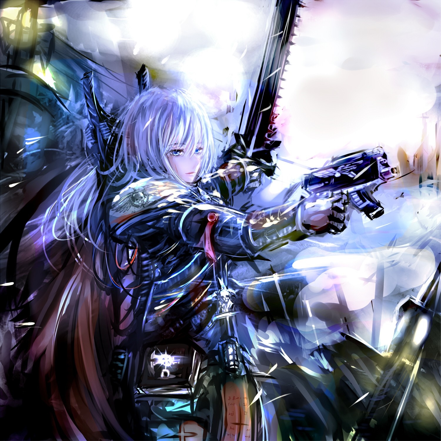 Anime girl in Warhammer 40,000 armor with sword and gun HD Wallpaper
