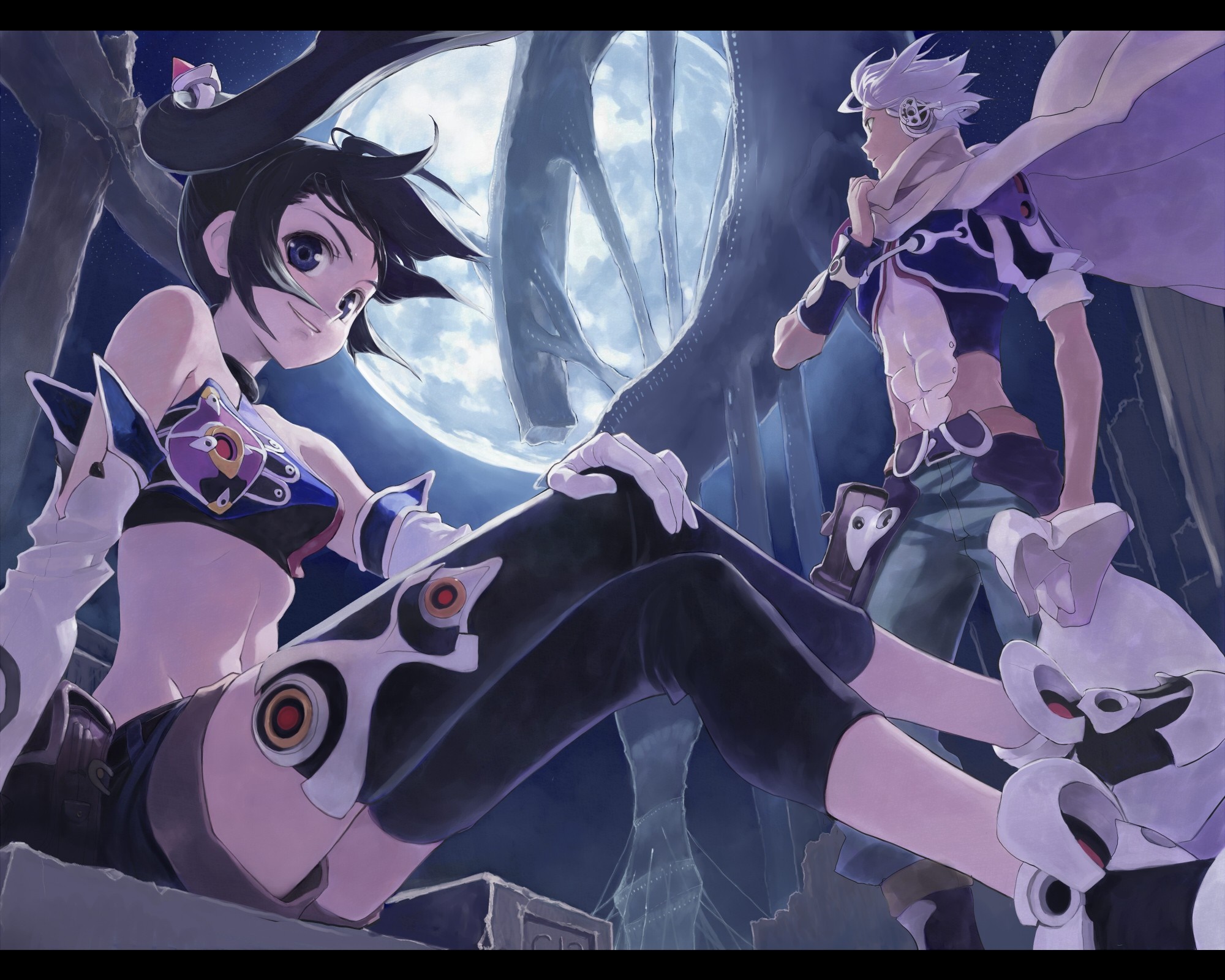 Anime characters in a fantasy setting with a large moon HD Wallpaper