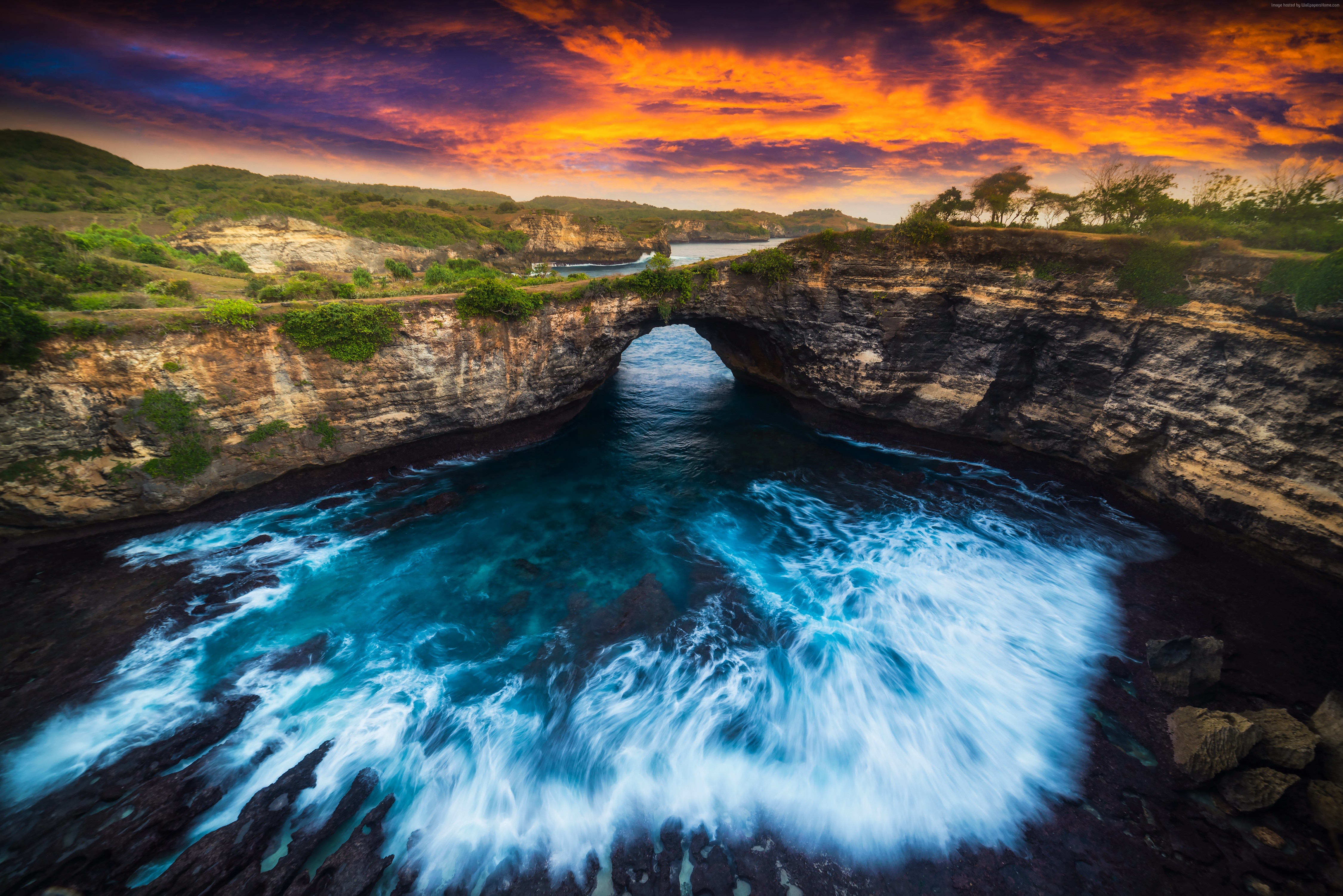 Broken Beach Archway with Ocean Waves at Sunset HD Wallpaper