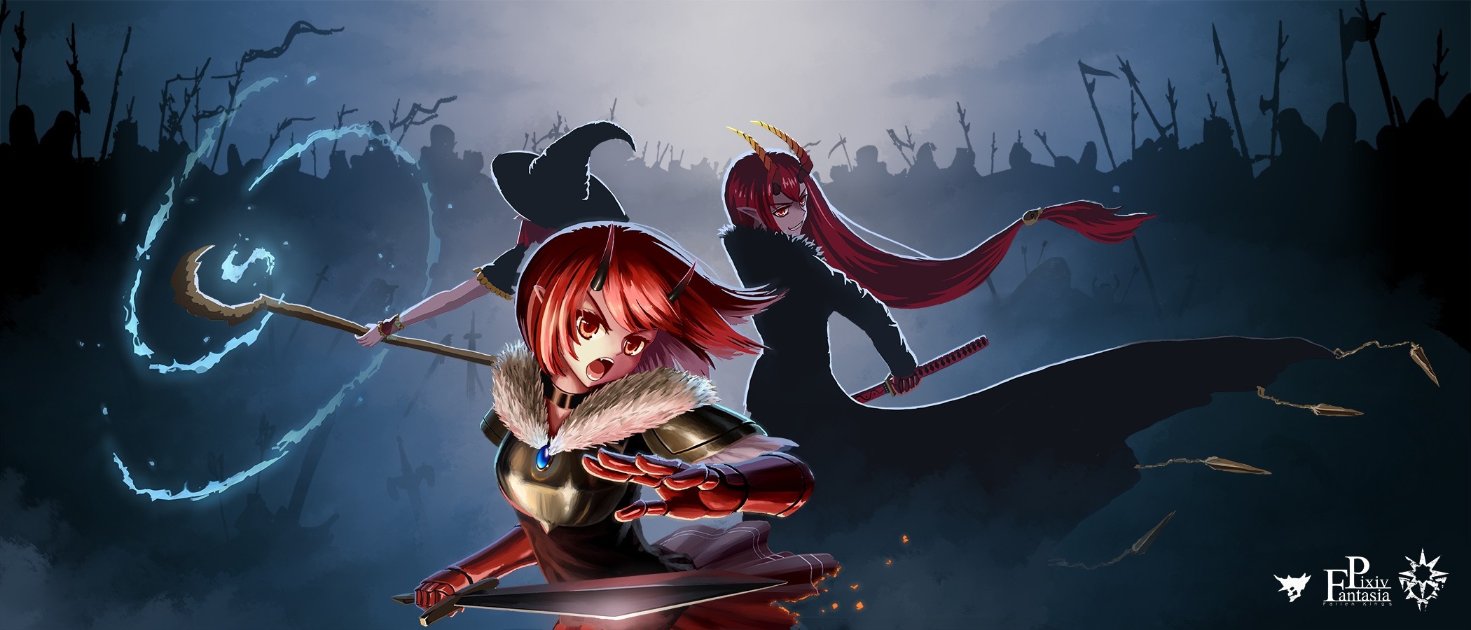 Anime girls with horns and weapons in front of an army HD Wallpaper