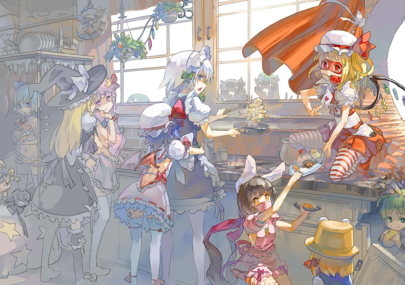Anime girls cooking in a kitchen HD Wallpaper