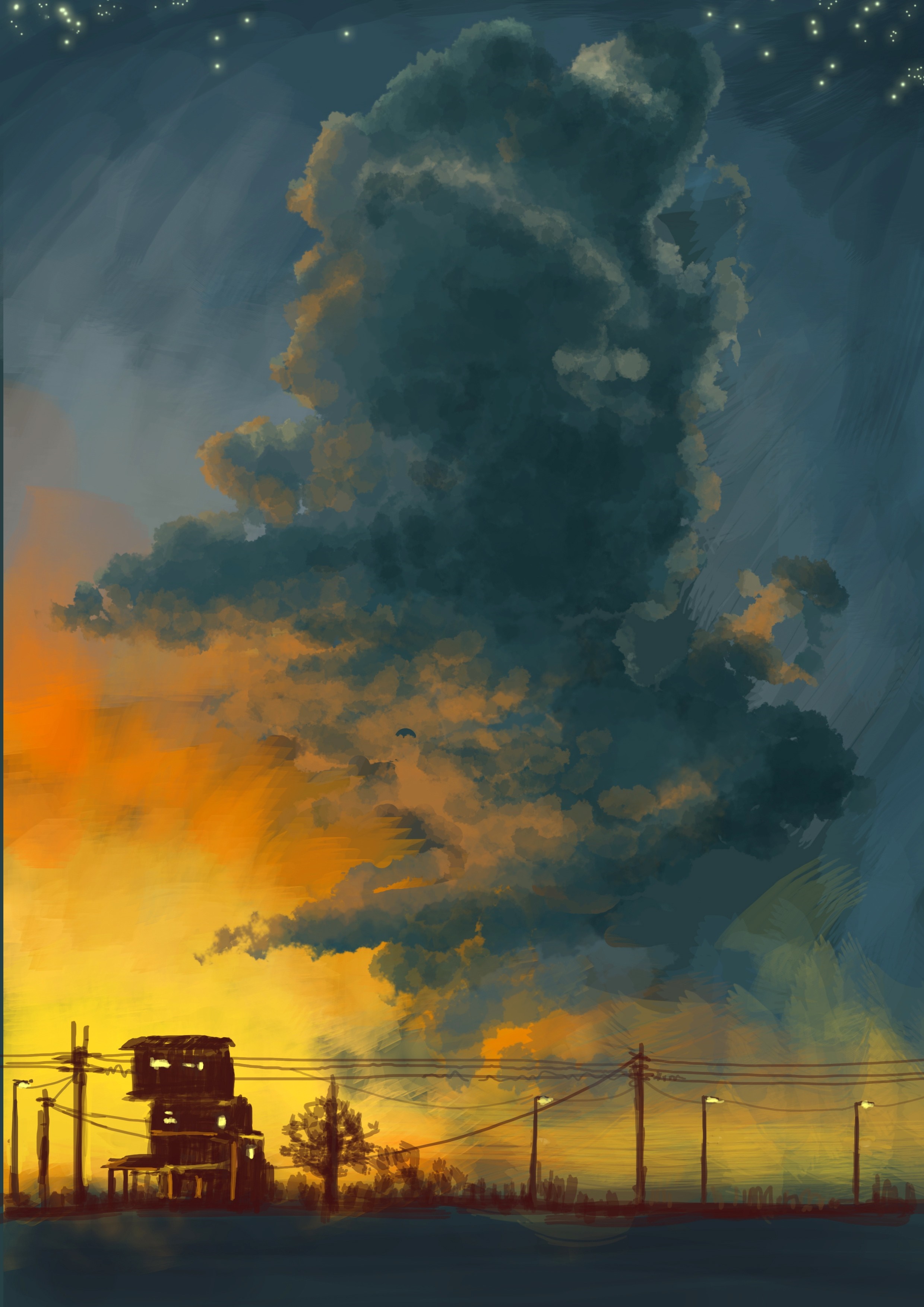Dark Clouds Over a Sunset Town with Power Lines HD Wallpaper