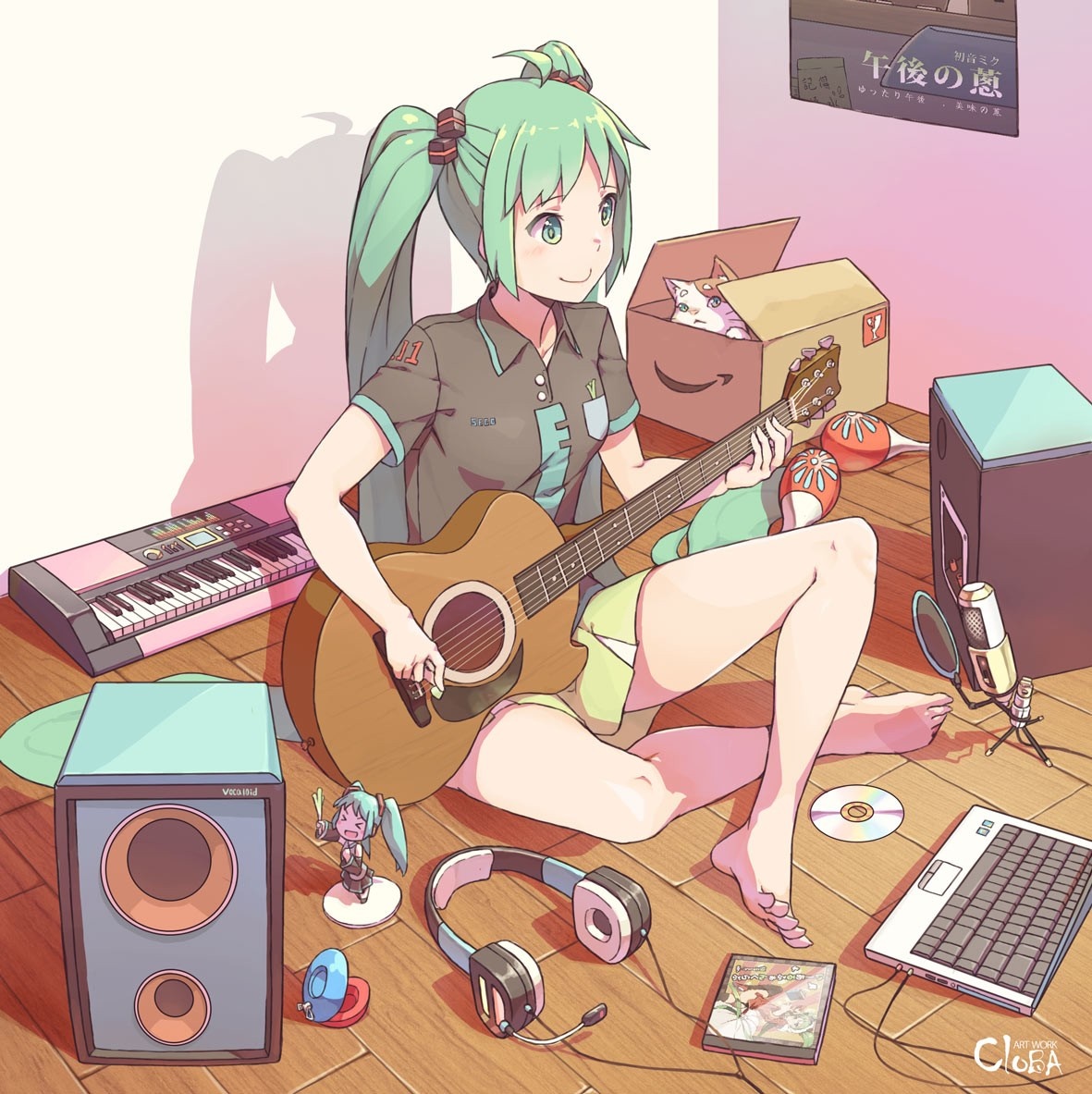 Hatsune Miku playing guitar with cat in a box HD Wallpaper