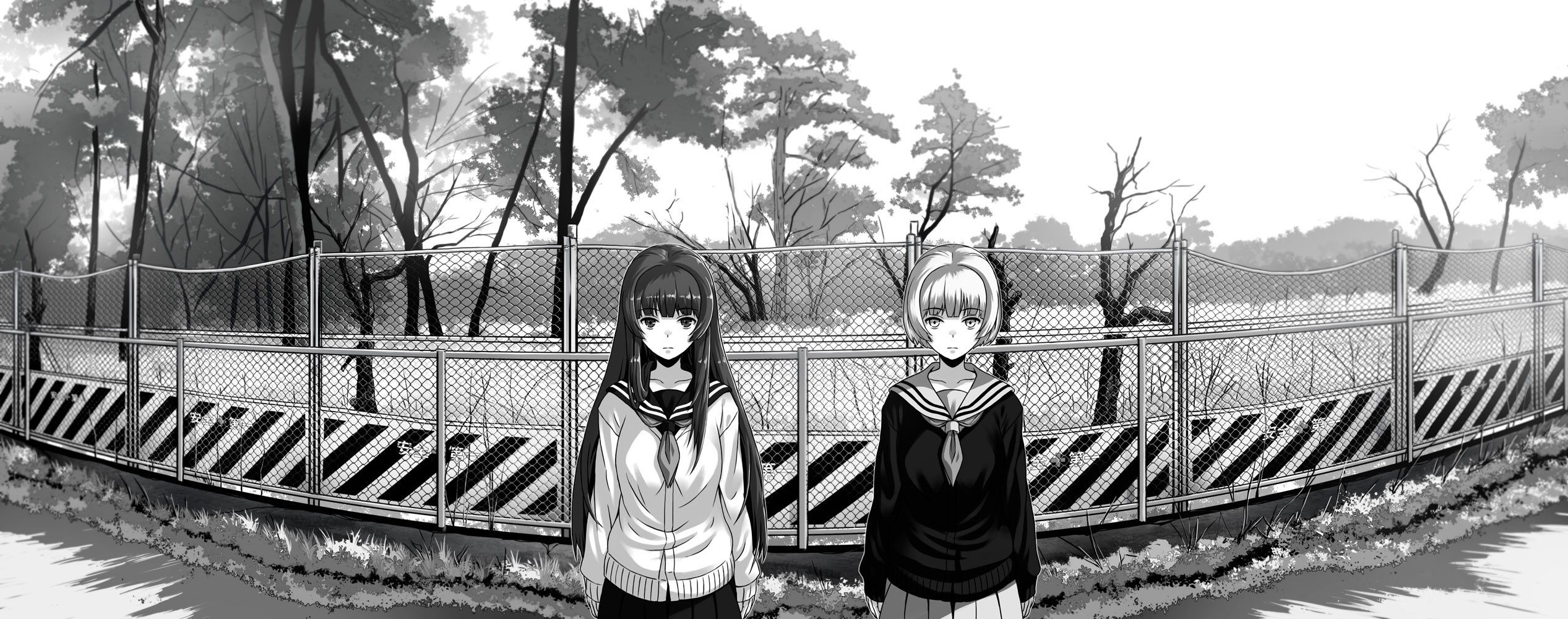 Two anime girls in school uniforms by a fence HD Wallpaper