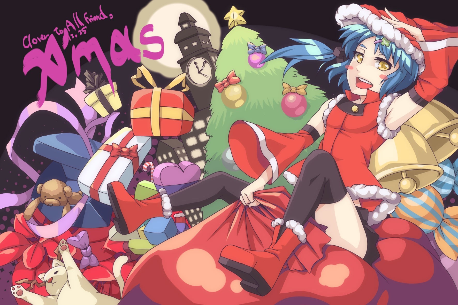 Anime girl in Santa costume with Christmas gifts HD Wallpaper