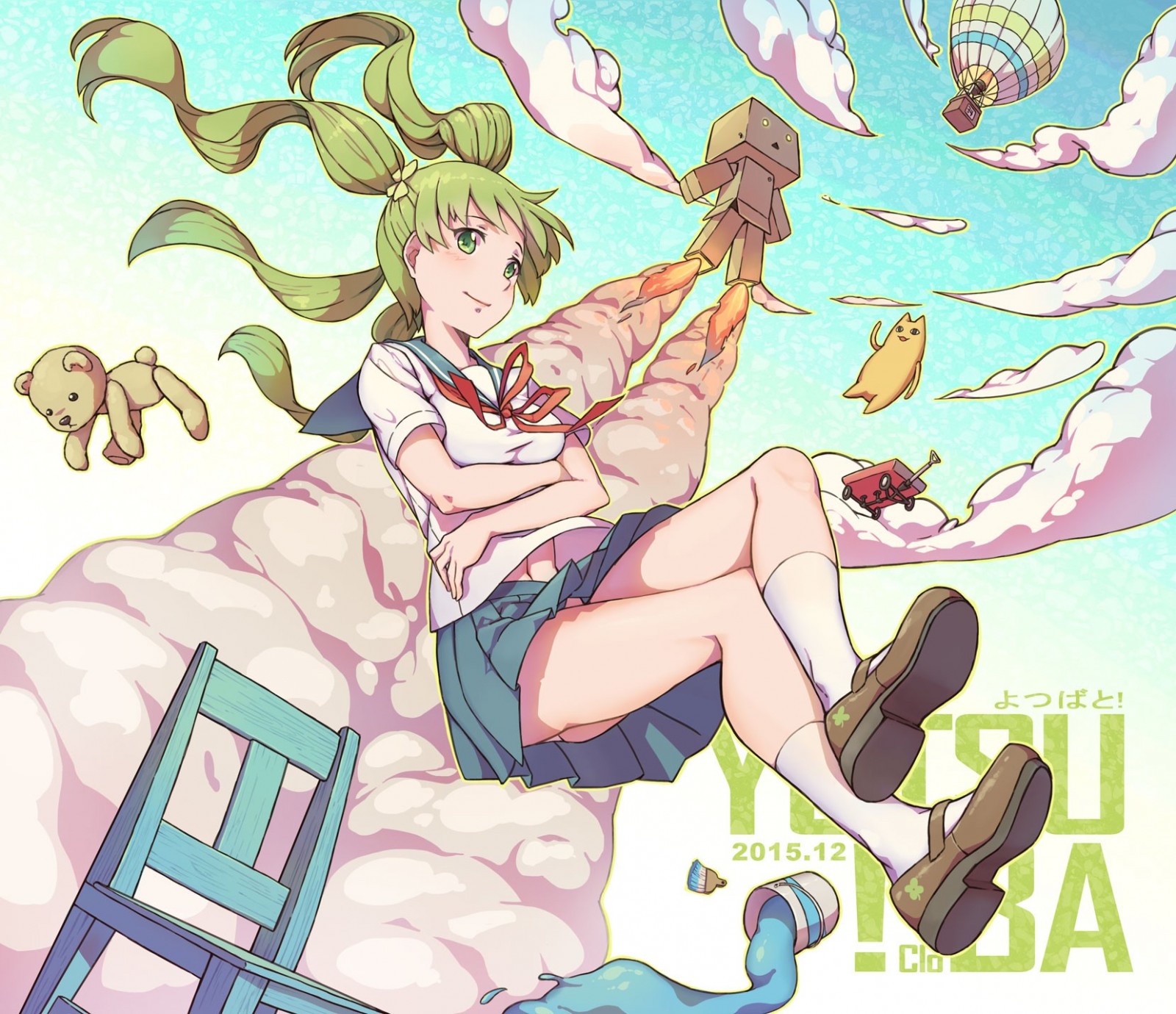 Anime girl with green hair floating in the sky with toys HD Wallpaper