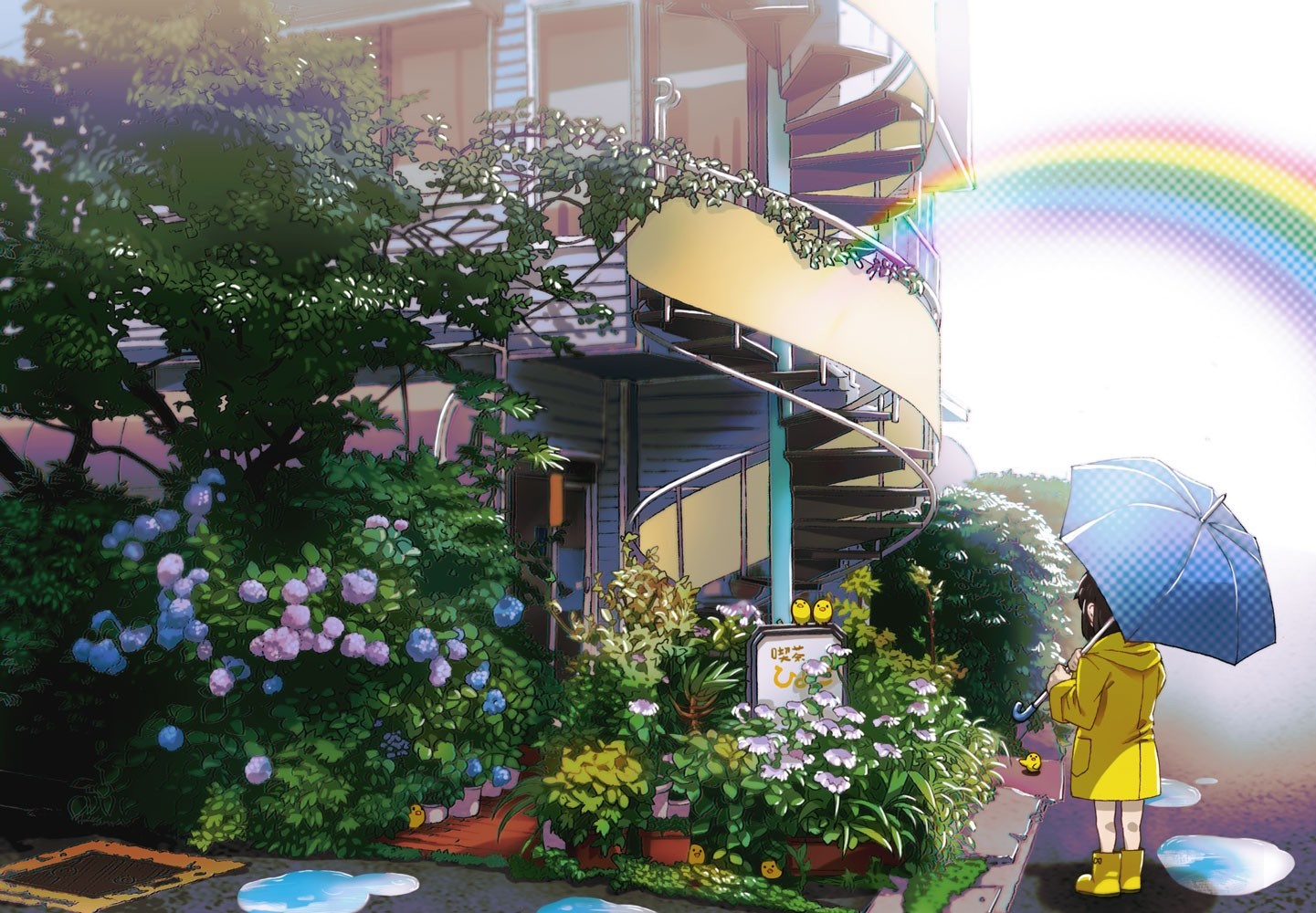 Girl with umbrella and rainbow after rain HD Wallpaper