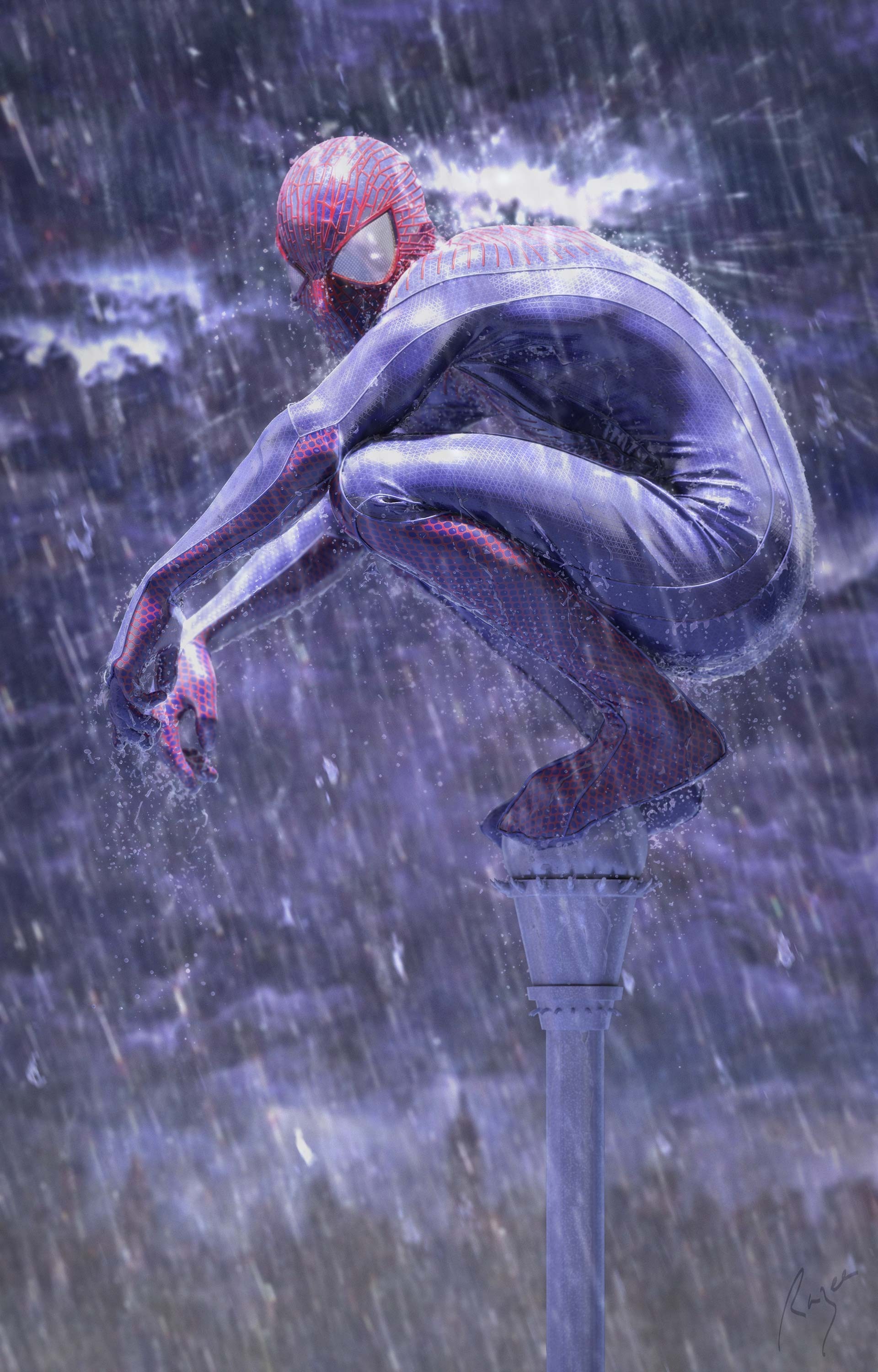 Spider-Man crouching on a pole in the rain HD Wallpaper