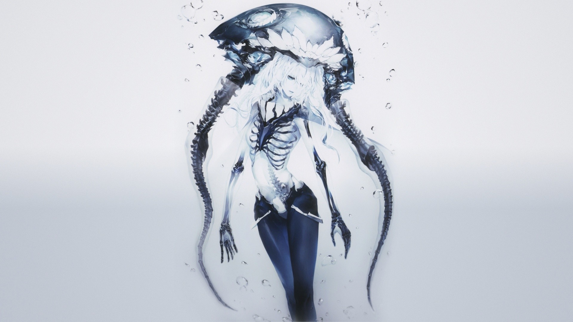 Anime girl with jellyfish-like head and skeletal body HD Wallpaper
