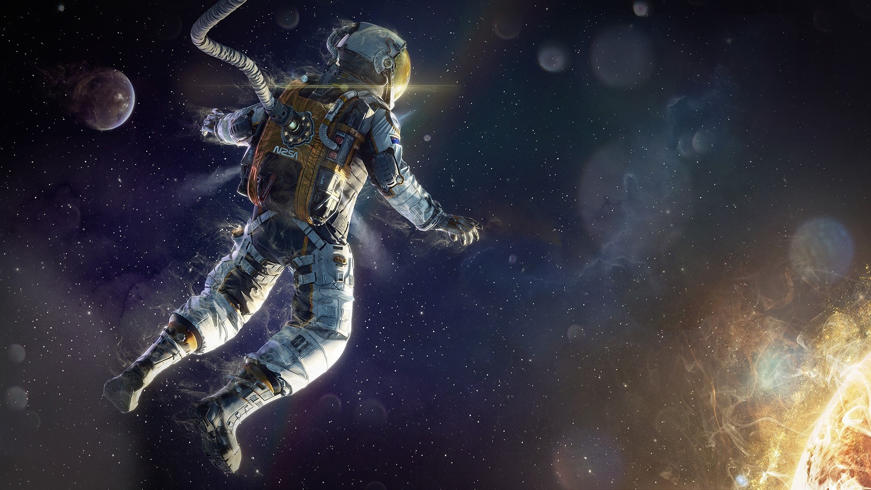 Astronaut floating in space near the Sun HD Wallpaper