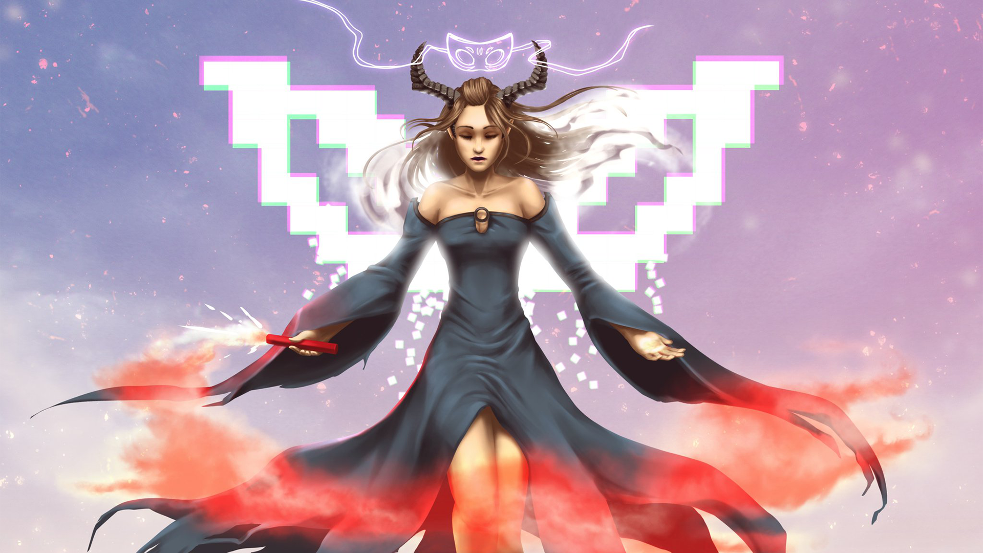 Fantasy angel with horns and glitch art background HD Wallpaper