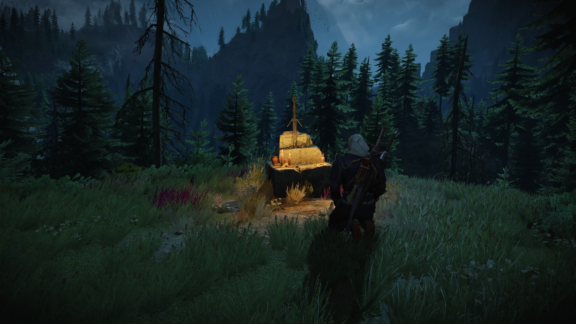 Geralt of Rivia at a sword shrine in The Witcher 3 HD Wallpaper