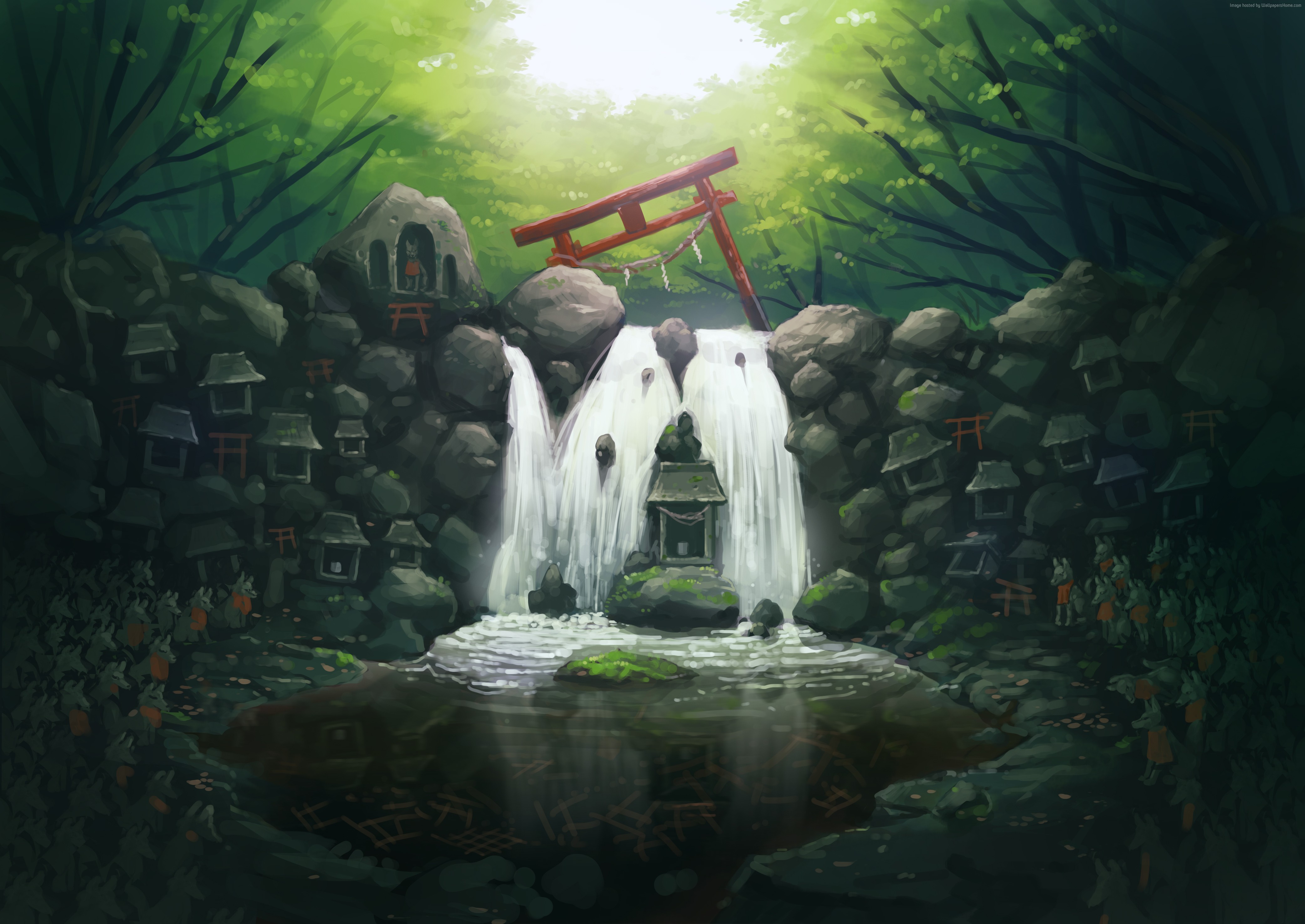 Oriental waterfall with torii gates and fox statues HD Wallpaper