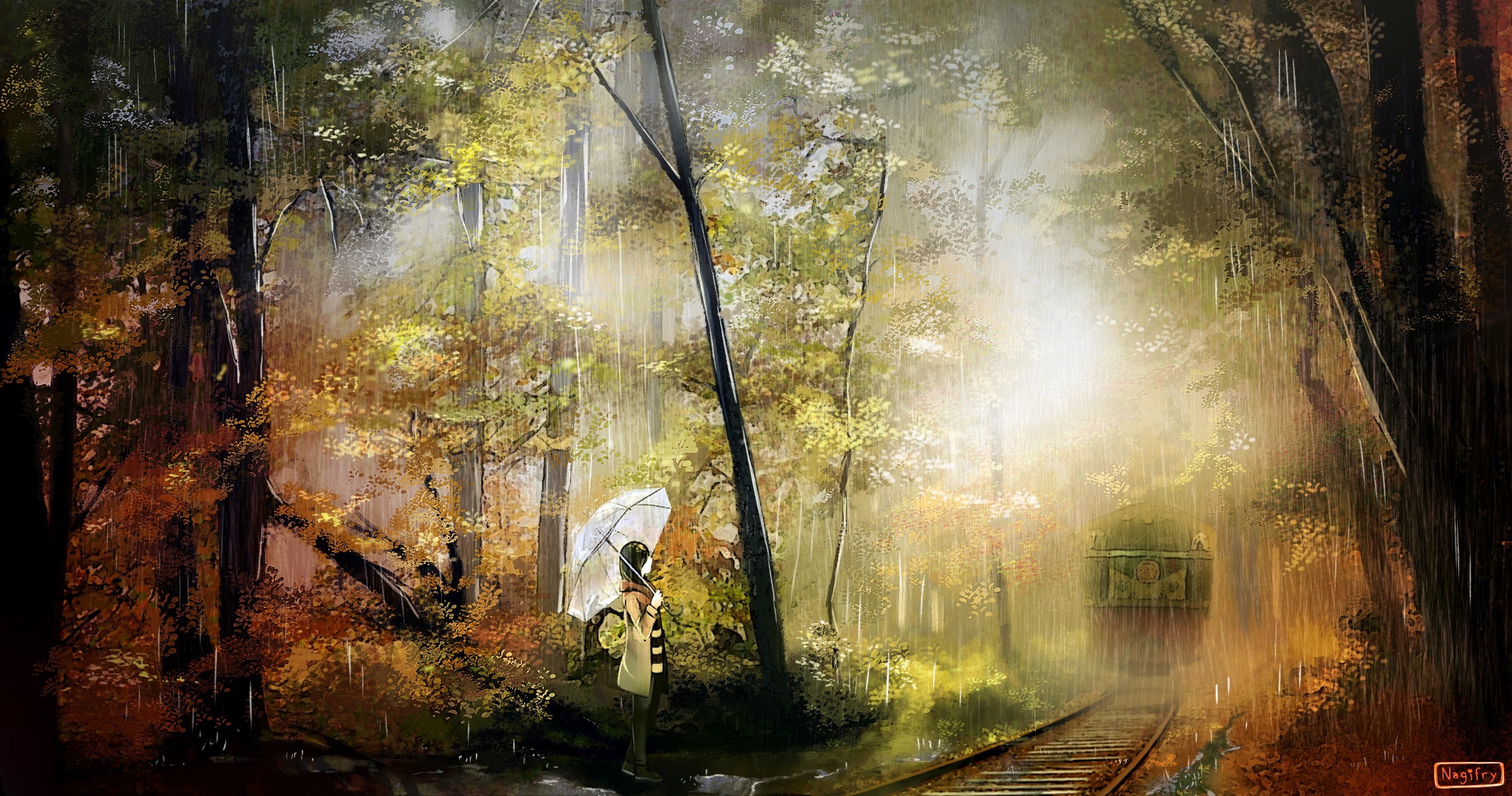 Anime girl with umbrella in a rainy forest with a train HD Wallpaper