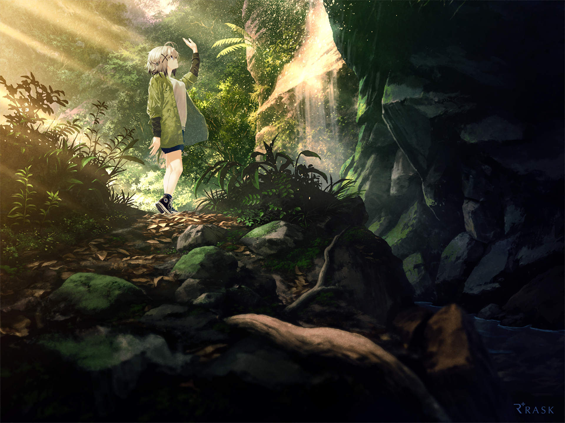 Anime girl in a sunlit jungle cave HD Wallpaper