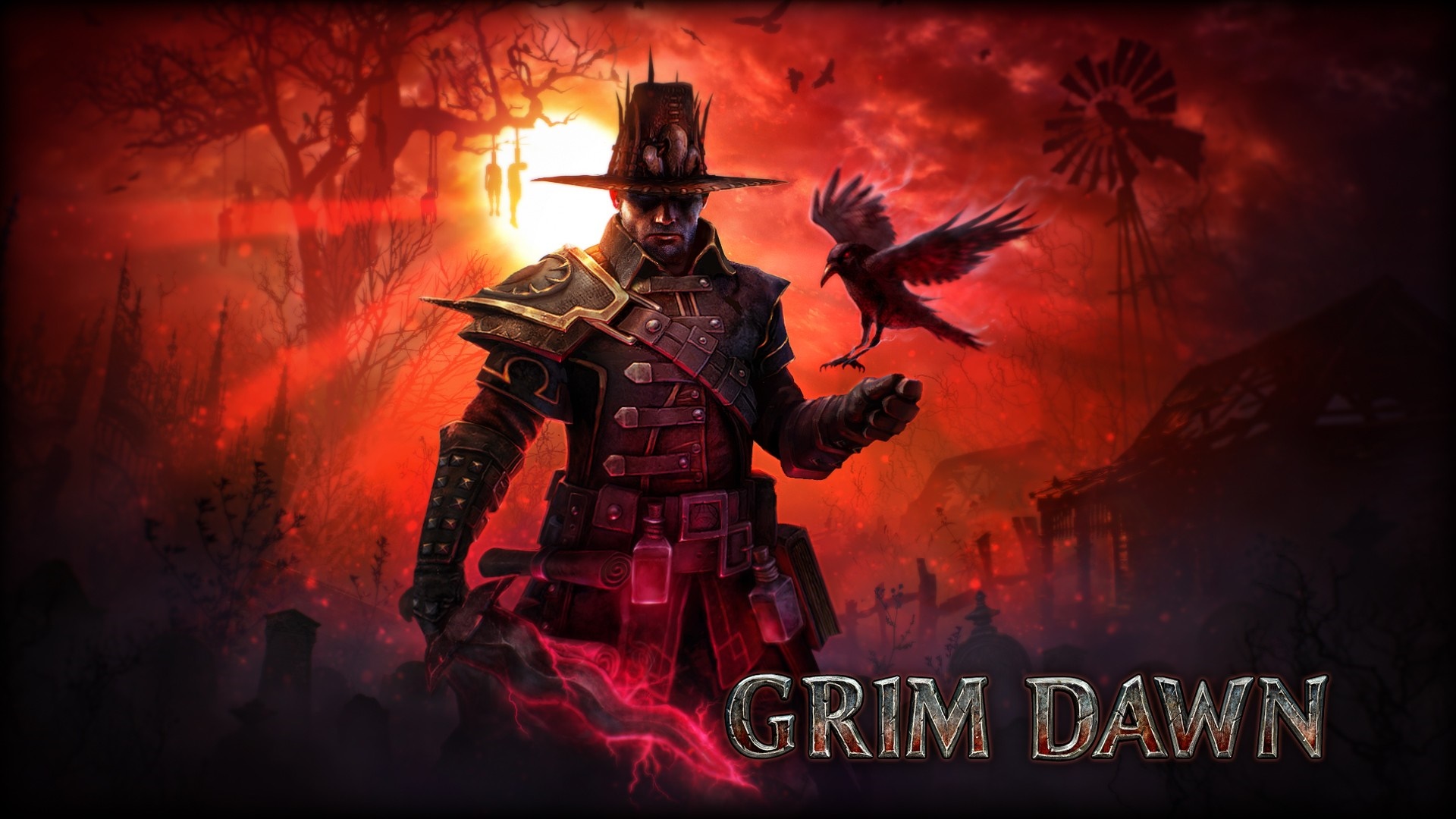 Grim Dawn video game screenshot with a man and a crow HD Wallpaper