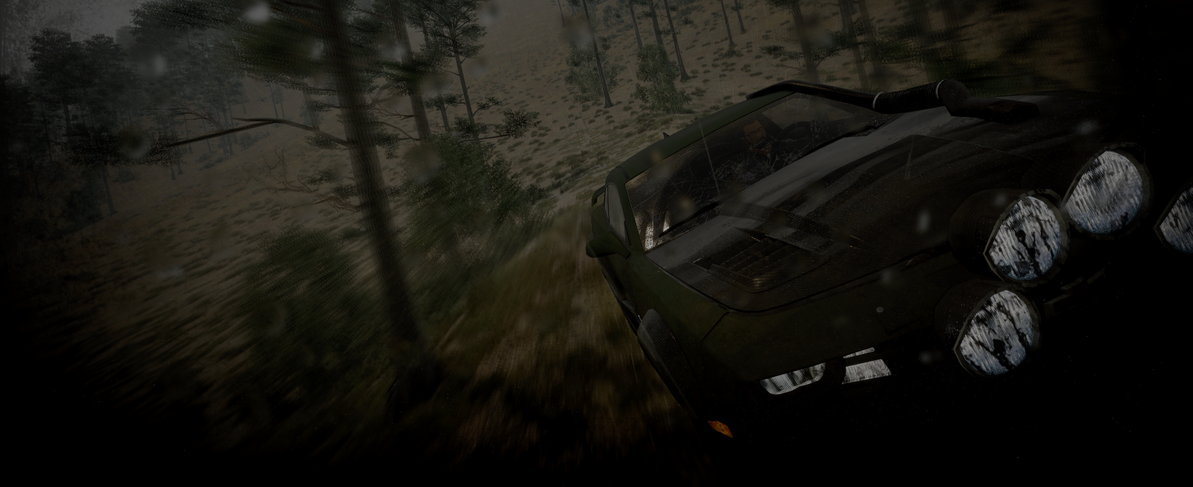 Chevrolet off-road vehicle driving in a dark forest HD Wallpaper