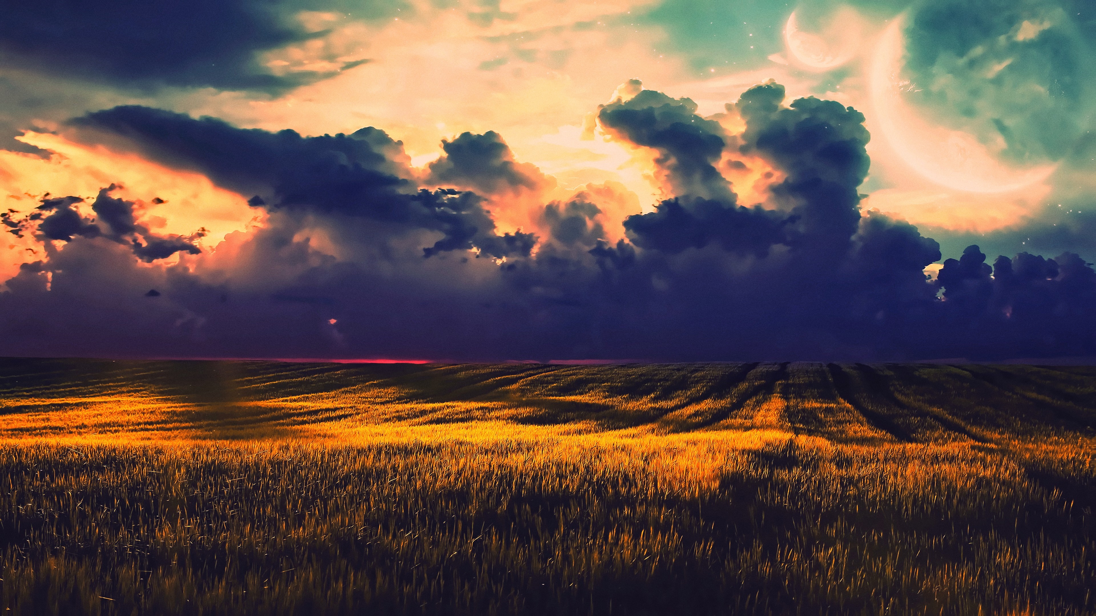 Fantasy landscape with dramatic clouds and a field at sunset HD Wallpaper