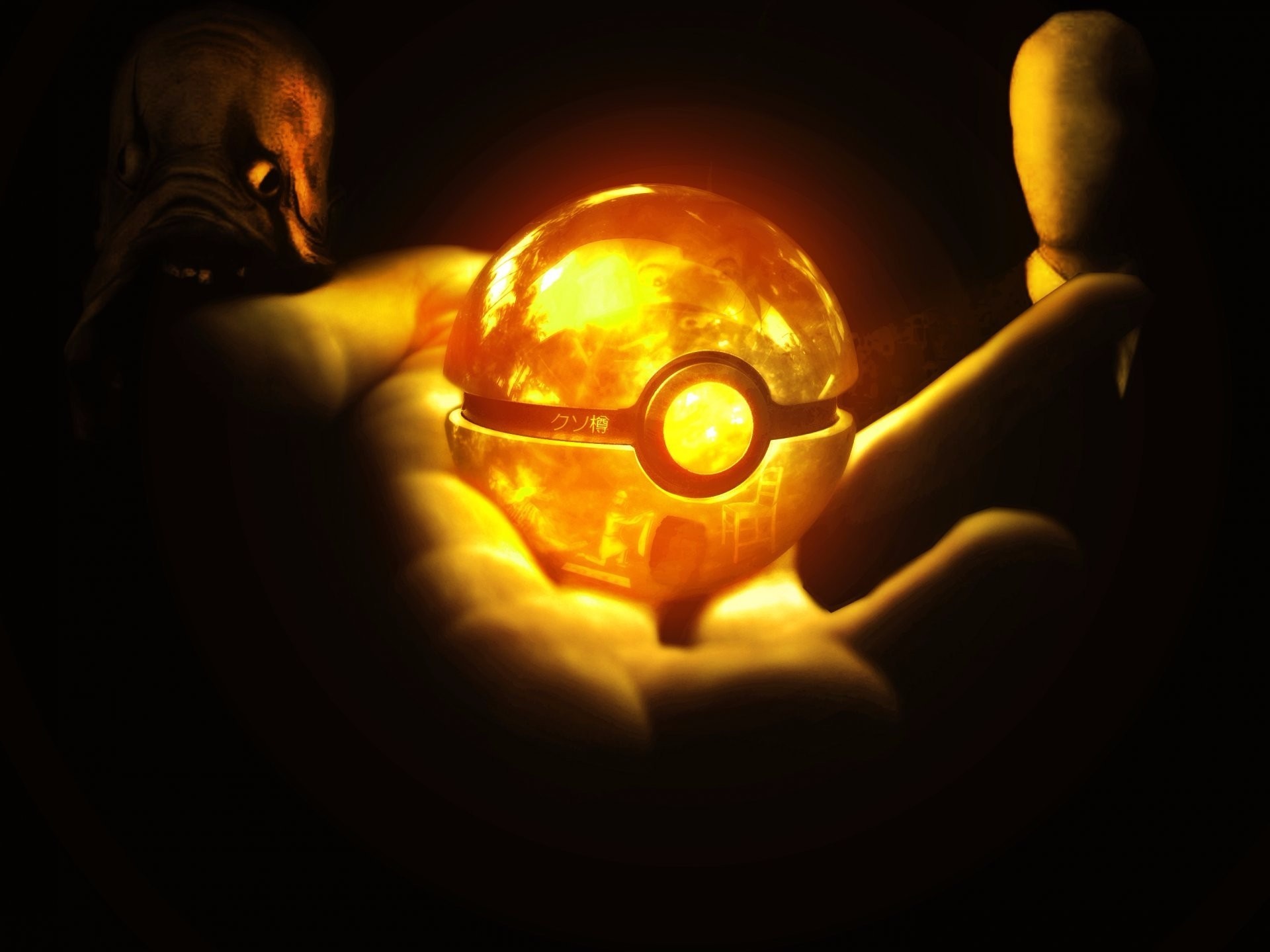 Glowing Pokemon ball held in hands in darkness HD Wallpaper