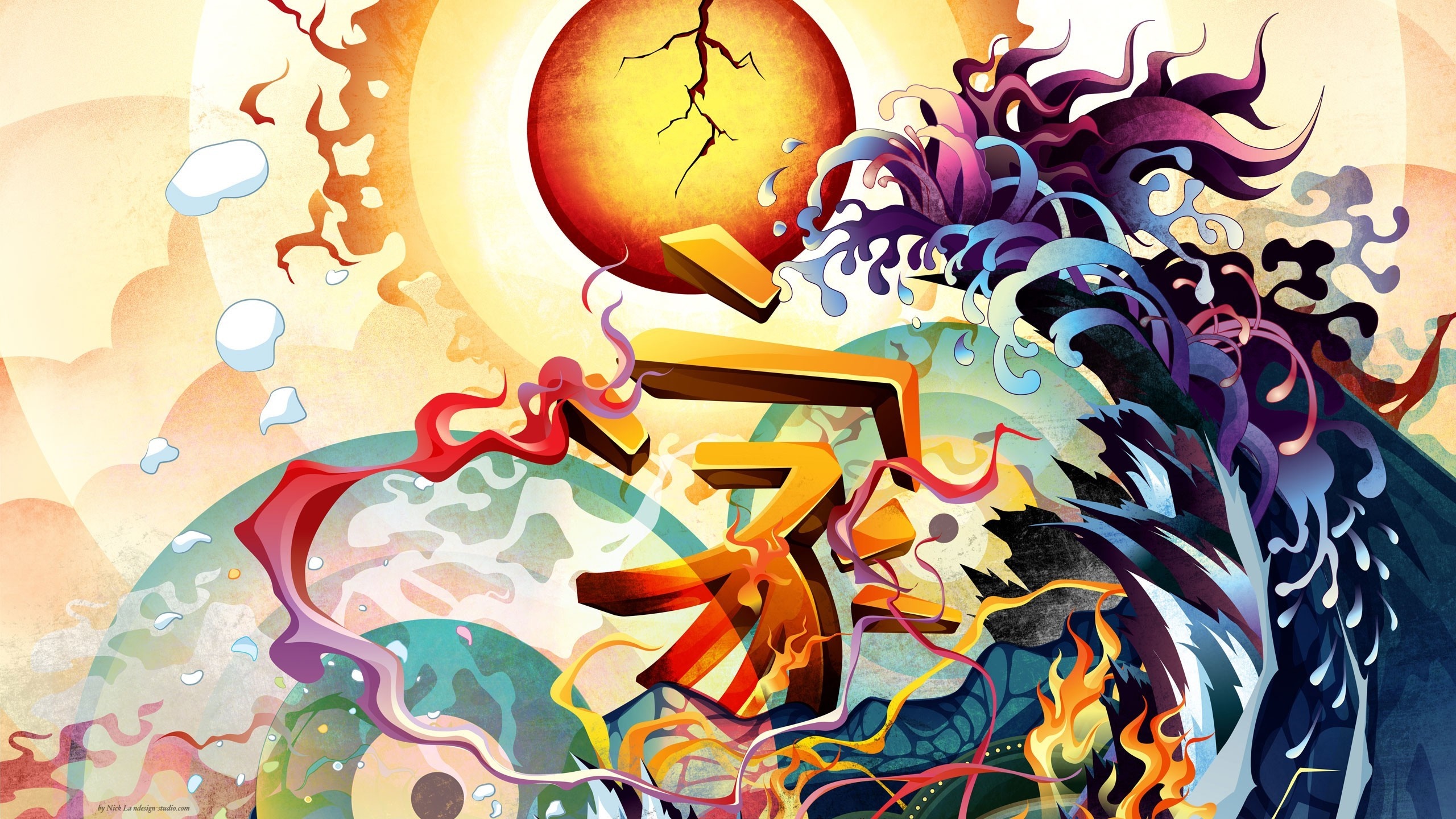 Abstract Japanese illustration with sun and wave HD Wallpaper