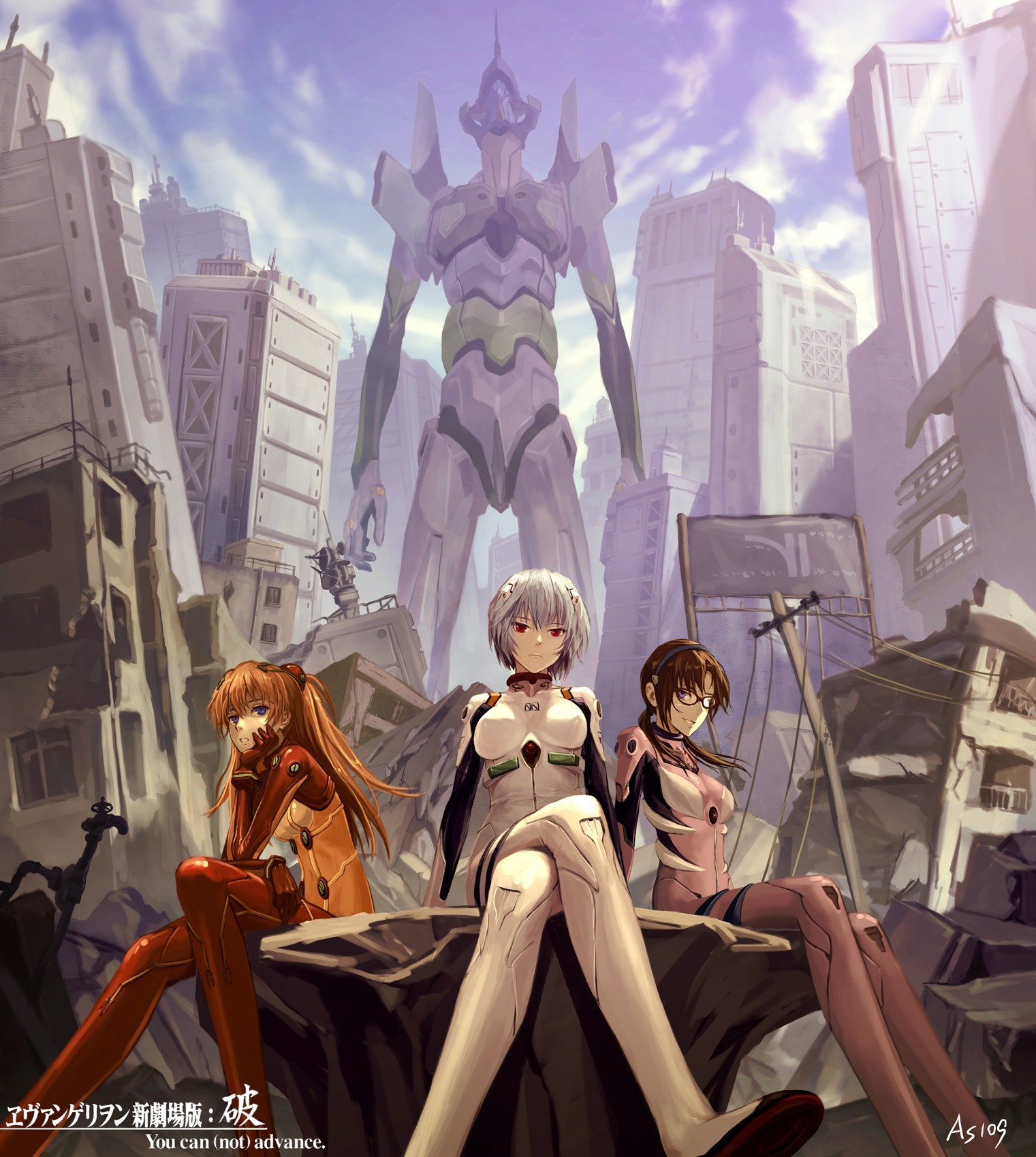 Asuka, Rei, and Mari from Neon Genesis Evangelion in a ruined city HD Wallpaper