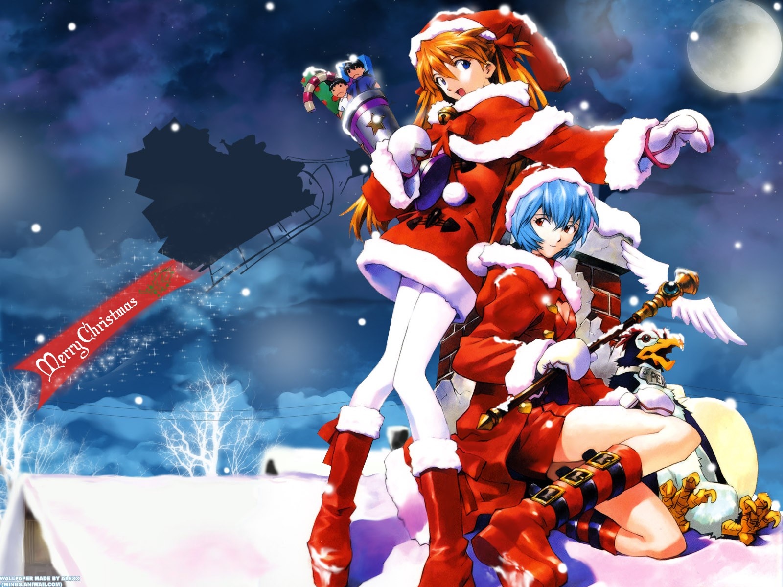 Asuka Langley Soryu and Rei Ayanami from Neon Genesis Evangelion in Christmas Outfits HD Wallpaper