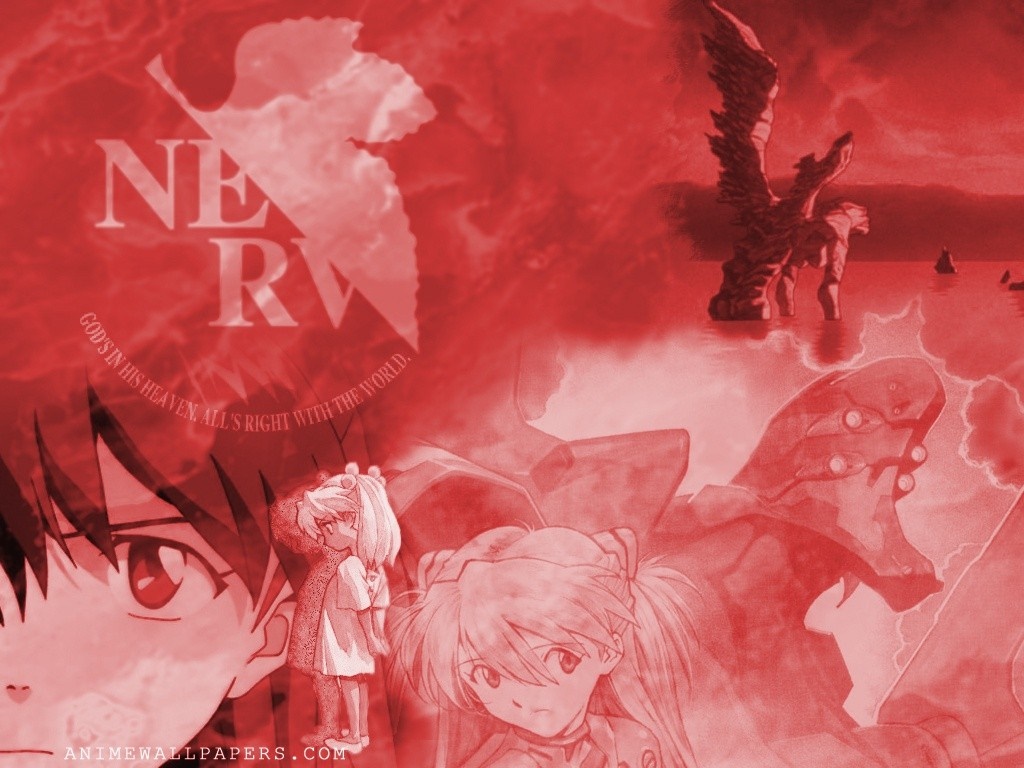 Neon Genesis Evangelion illustration with characters and NERV logo HD Wallpaper