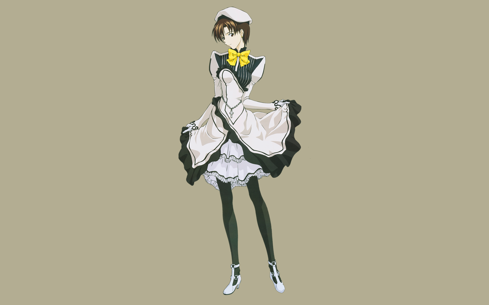 Anime girl in maid costume with yellow bow HD Wallpaper
