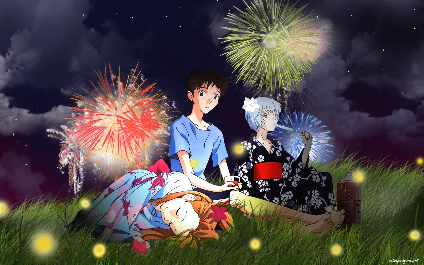 Neon Genesis Evangelion characters watching fireworks HD Wallpaper