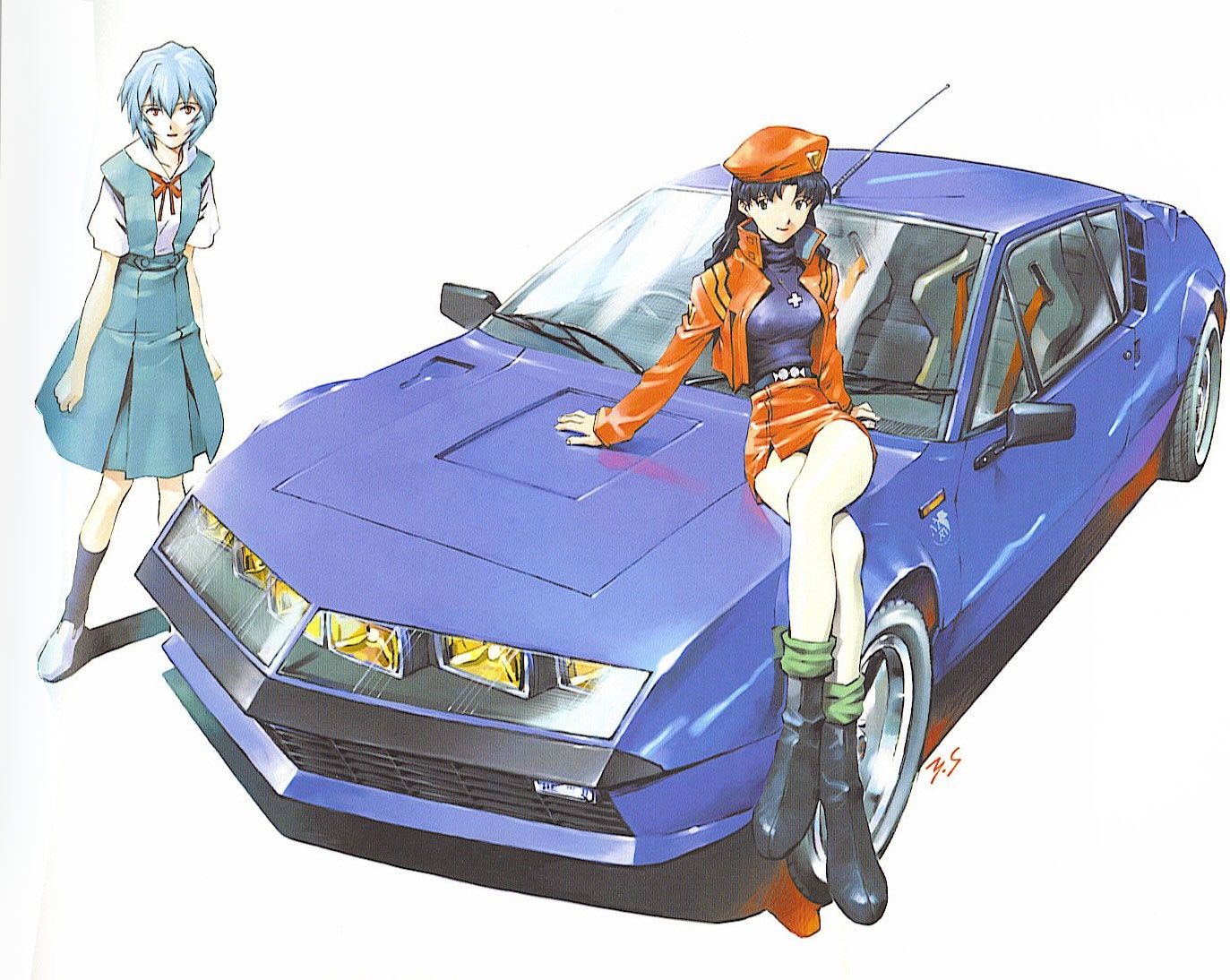 Rei Ayanami and Misato Katsuragi with a blue sports car HD Wallpaper