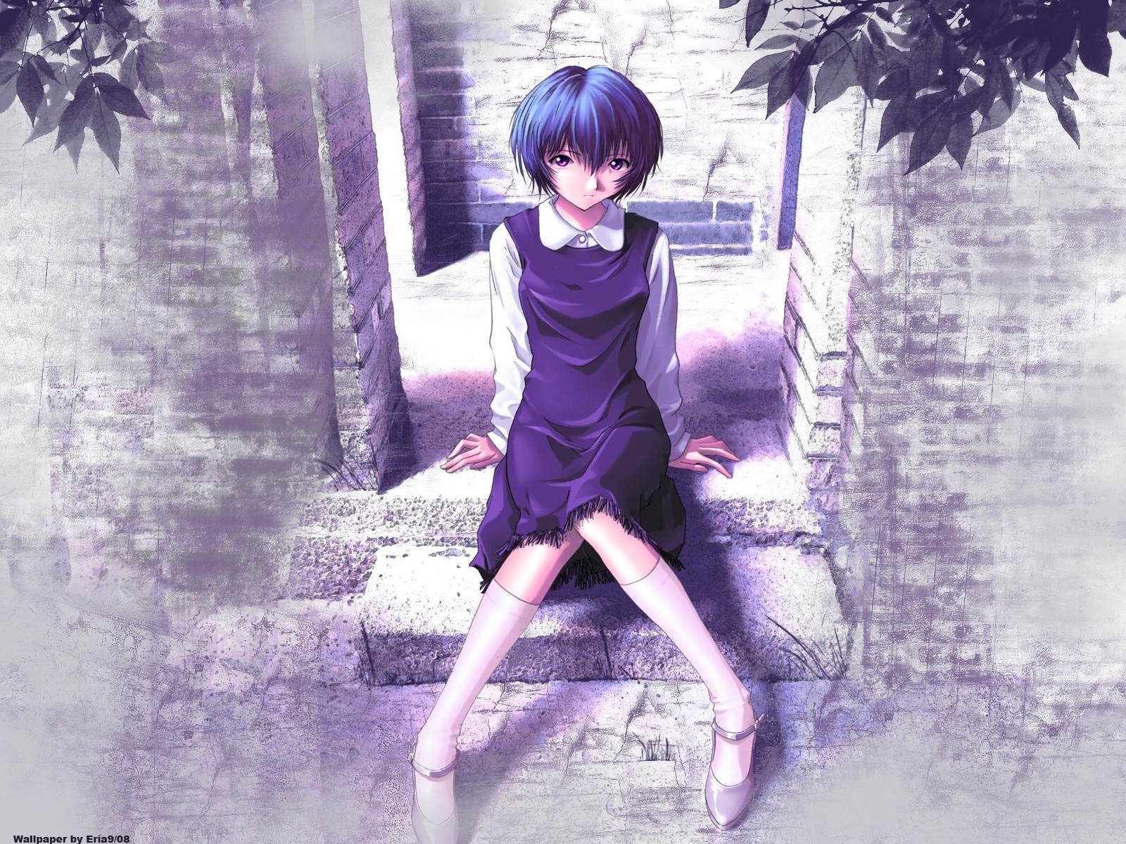 Rei Ayanami from Neon Genesis Evangelion sitting on steps HD Wallpaper
