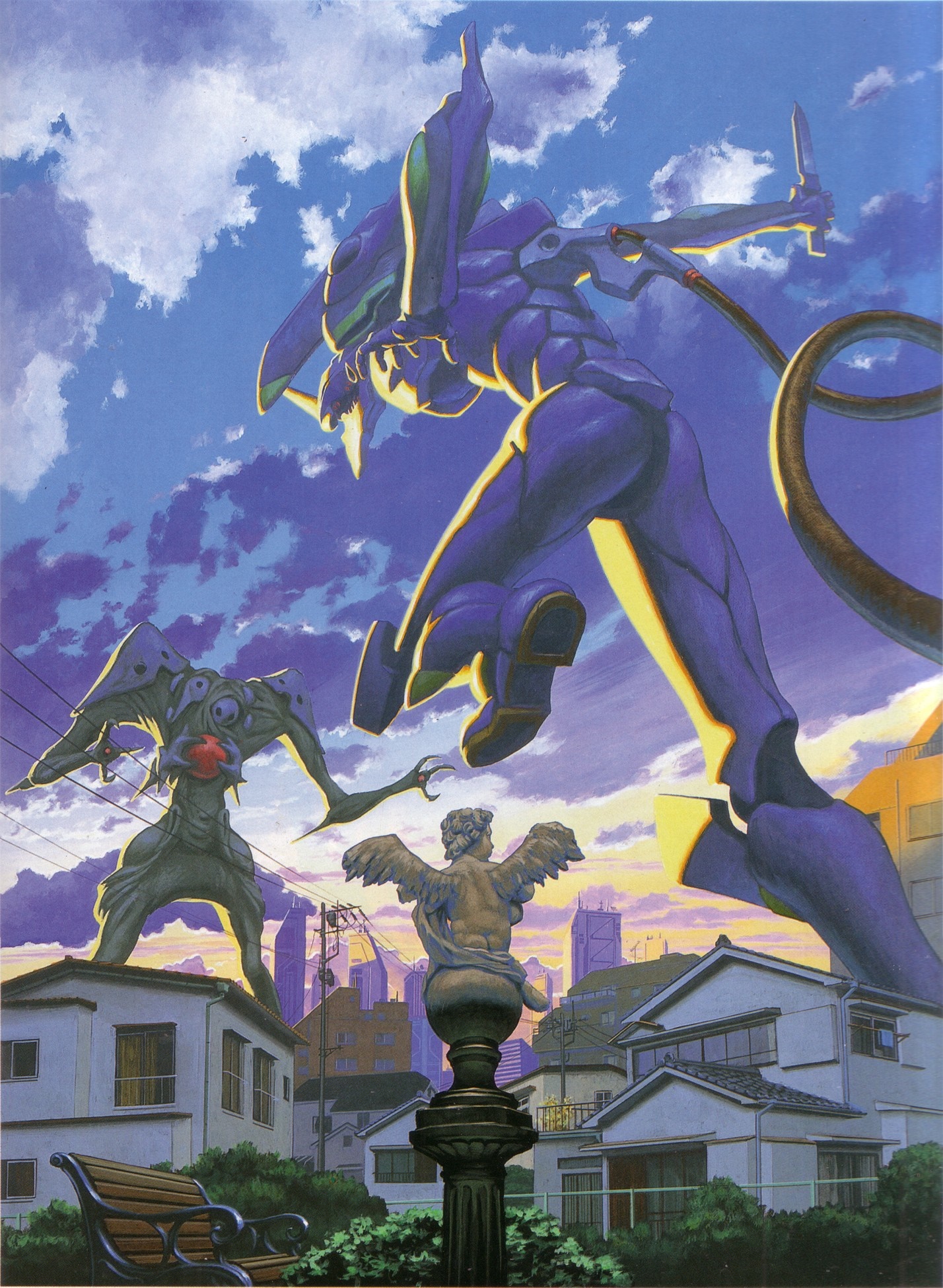 Evangelion Unit-01 and Angel fighting in a city HD Wallpaper