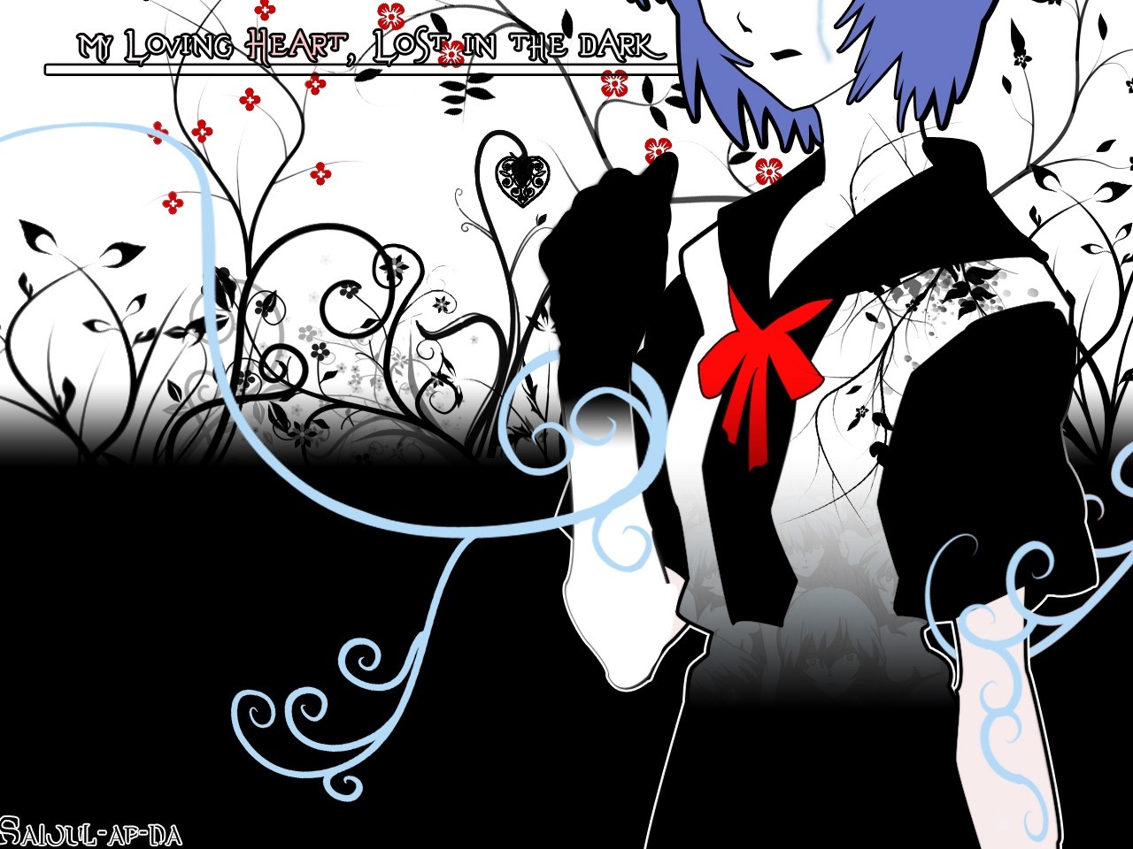 Anime girl with blue hair and red bow HD Wallpaper
