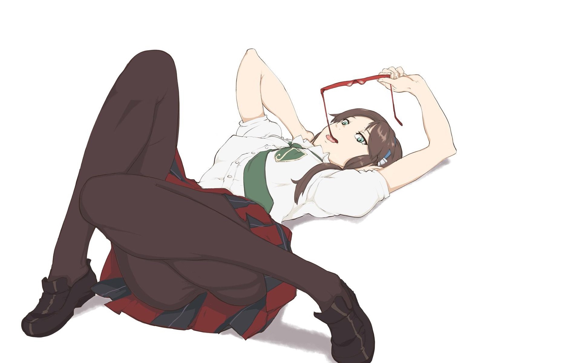 Anime girl lying down holding glasses HD Wallpaper