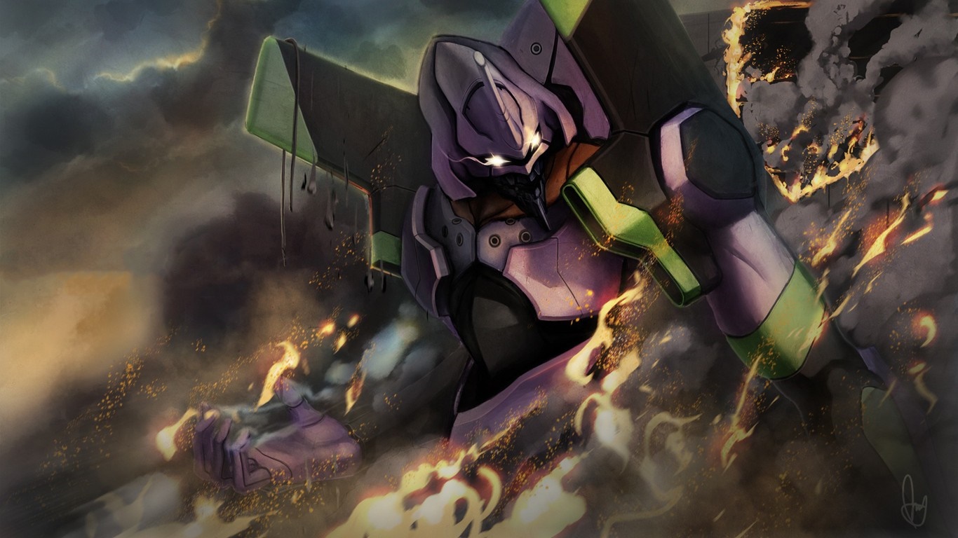 Evangelion Unit-01 in a fiery, smoky environment HD Wallpaper