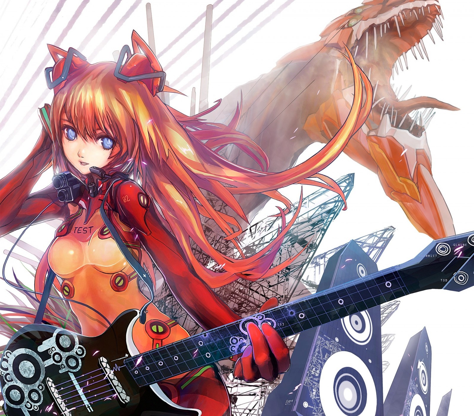 Asuka Langley Soryu from Neon Genesis Evangelion with guitar and monster HD Wallpaper